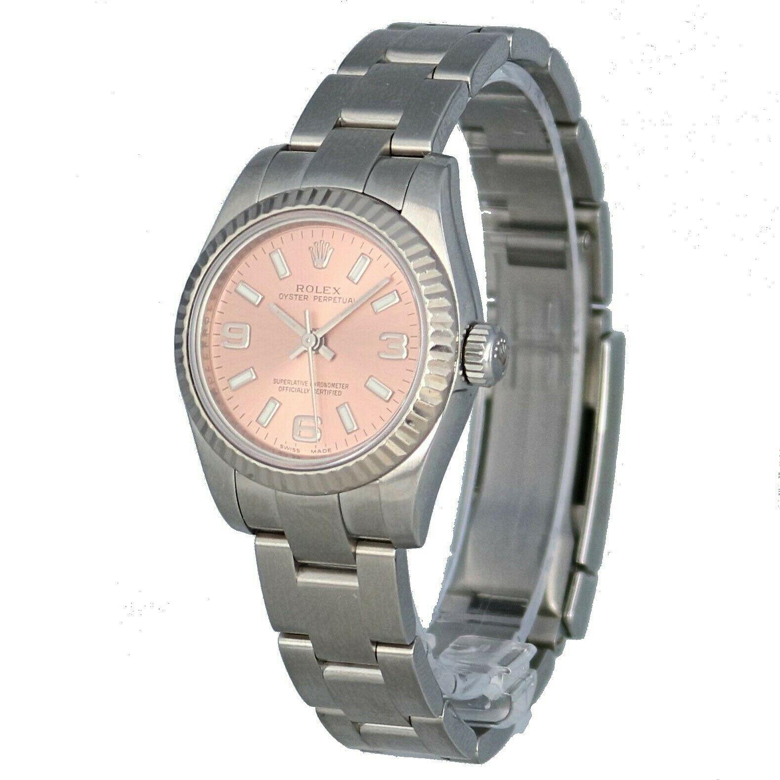 Women's or Men's Rolex Ladies Oyster Perpetual Pink Dial Steel 18 Karat White Gold Fluted Bezel For Sale