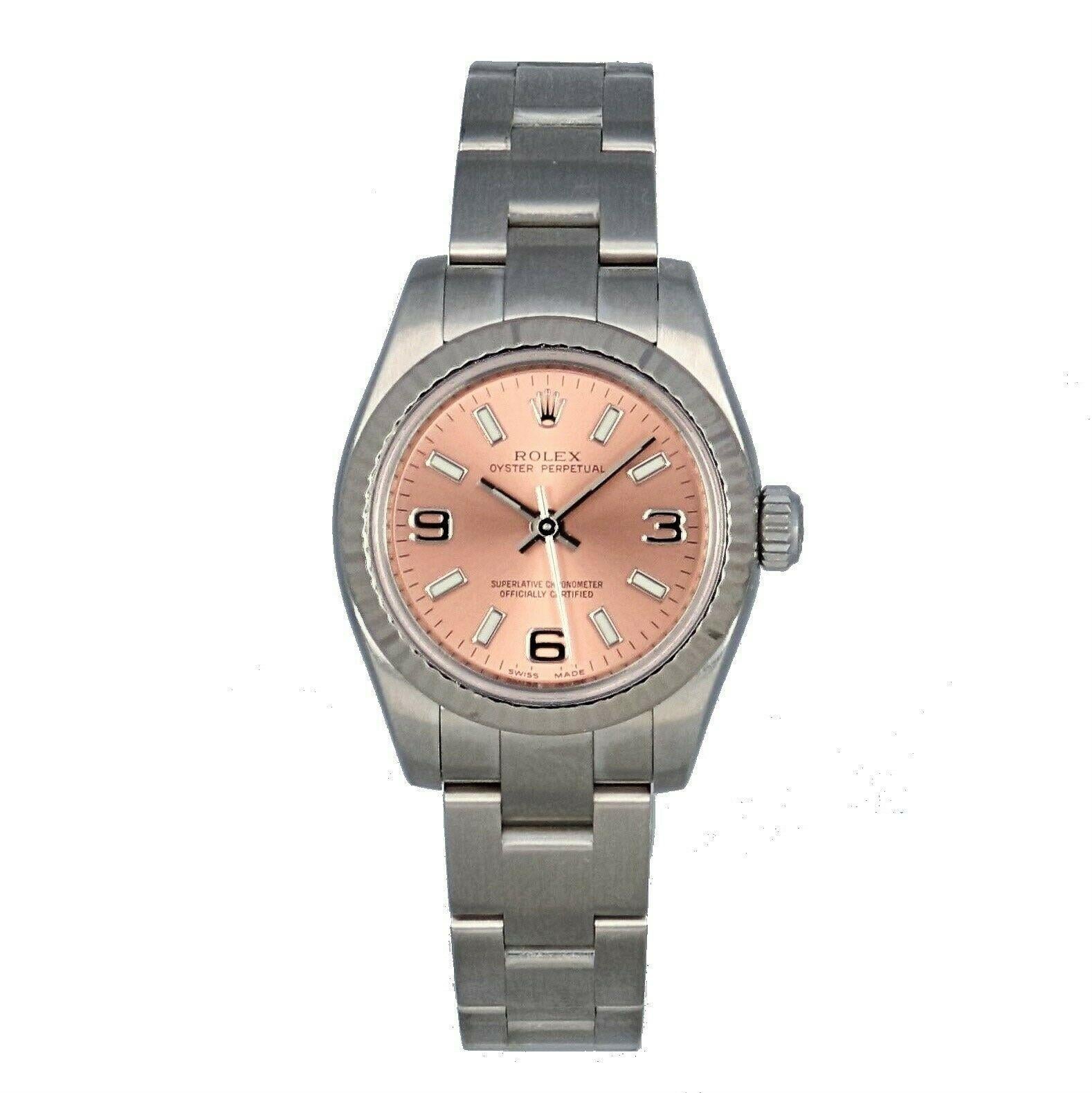 Rolex Ladies Oyster Perpetual Pink Dial Steel 18 Karat White Gold Fluted Bezel For Sale 1