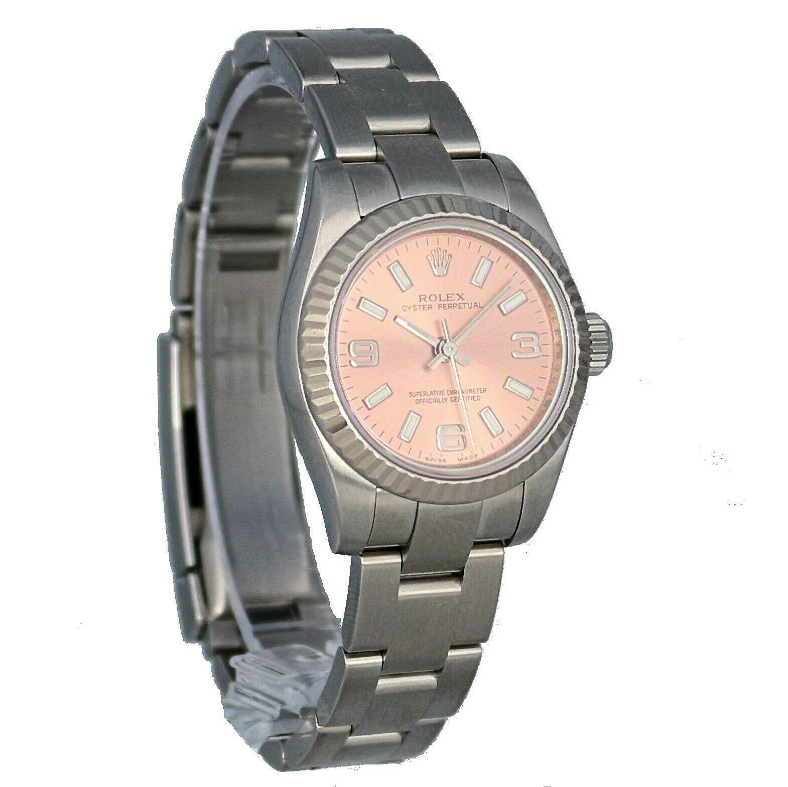 Rolex Ladies Oyster Perpetual Pink Dial Steel 18 Karat White Gold Fluted Bezel For Sale 2