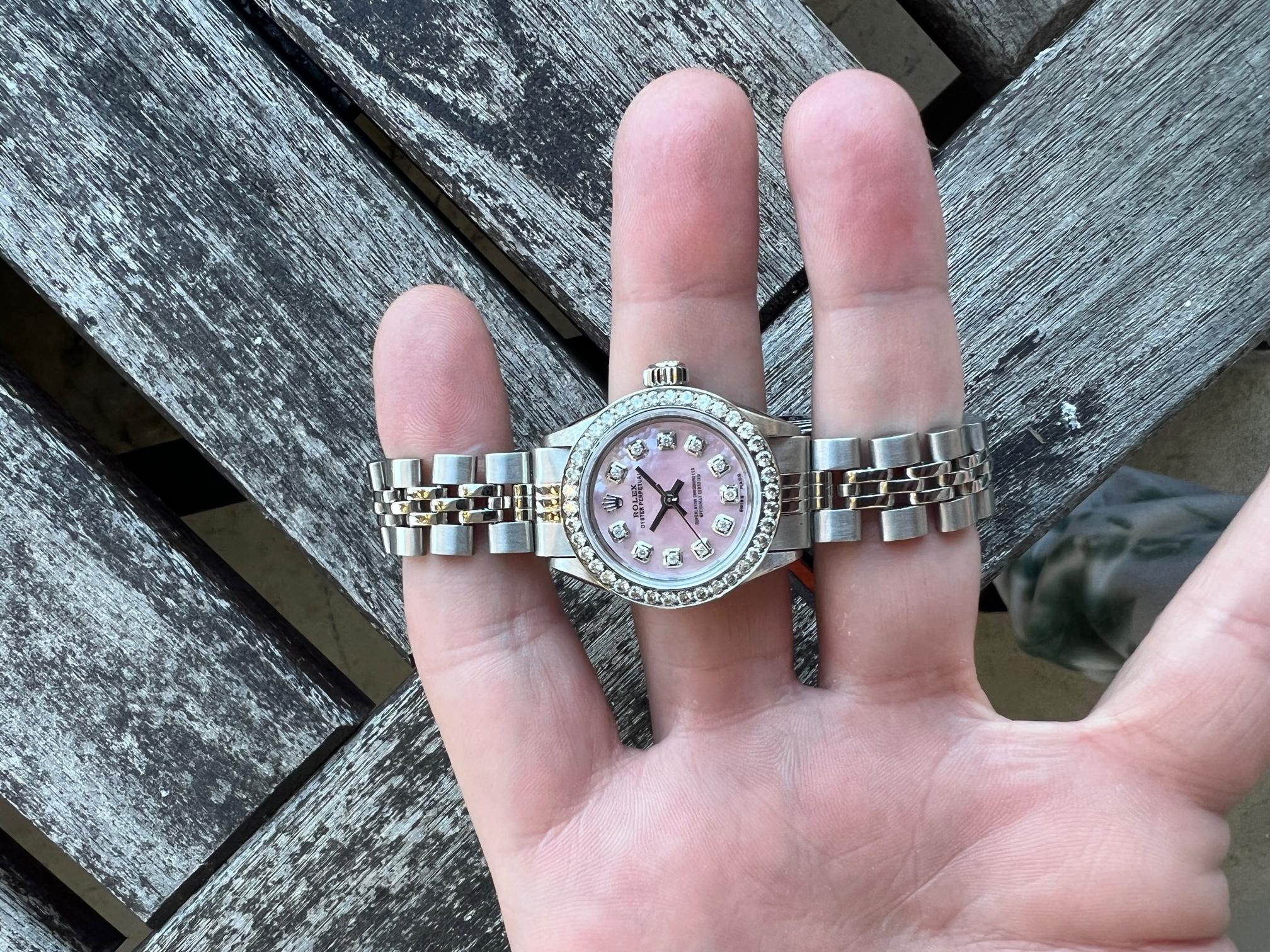 Rolex Ladies Oyster Perpetual Pink MOP Diamond Dial Diamond Bezel Jubilee Watch 6