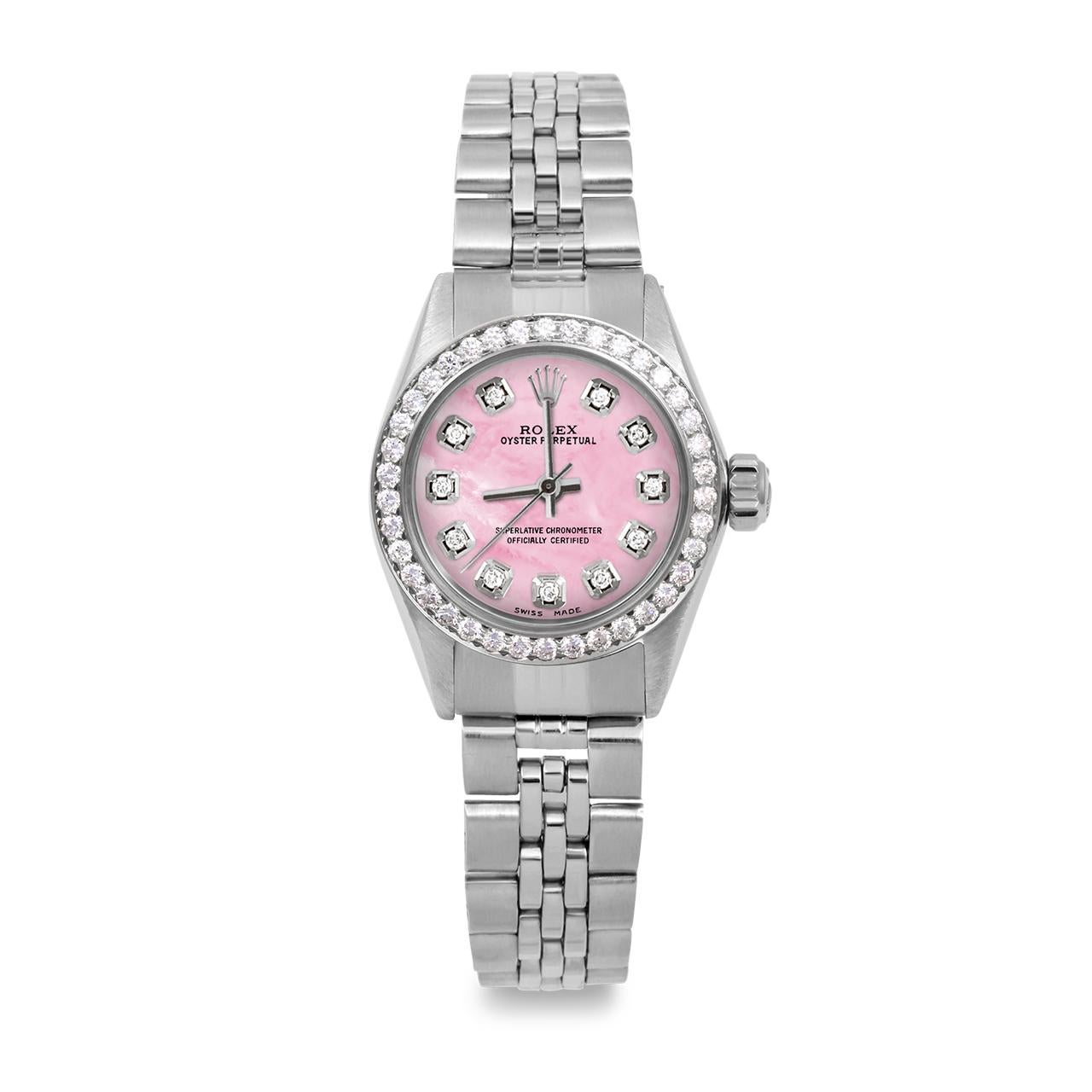 Brand : Rolex
Model : Oyster Perpetual Model
Gender : Ladies
Metals : Stainless Steel
Case Size : 24 mm
Dial : Custom Pink Mother Of Pearl Diamond Dial (This dial is not original Rolex And has been added aftermarket yet is a beautiful Custom