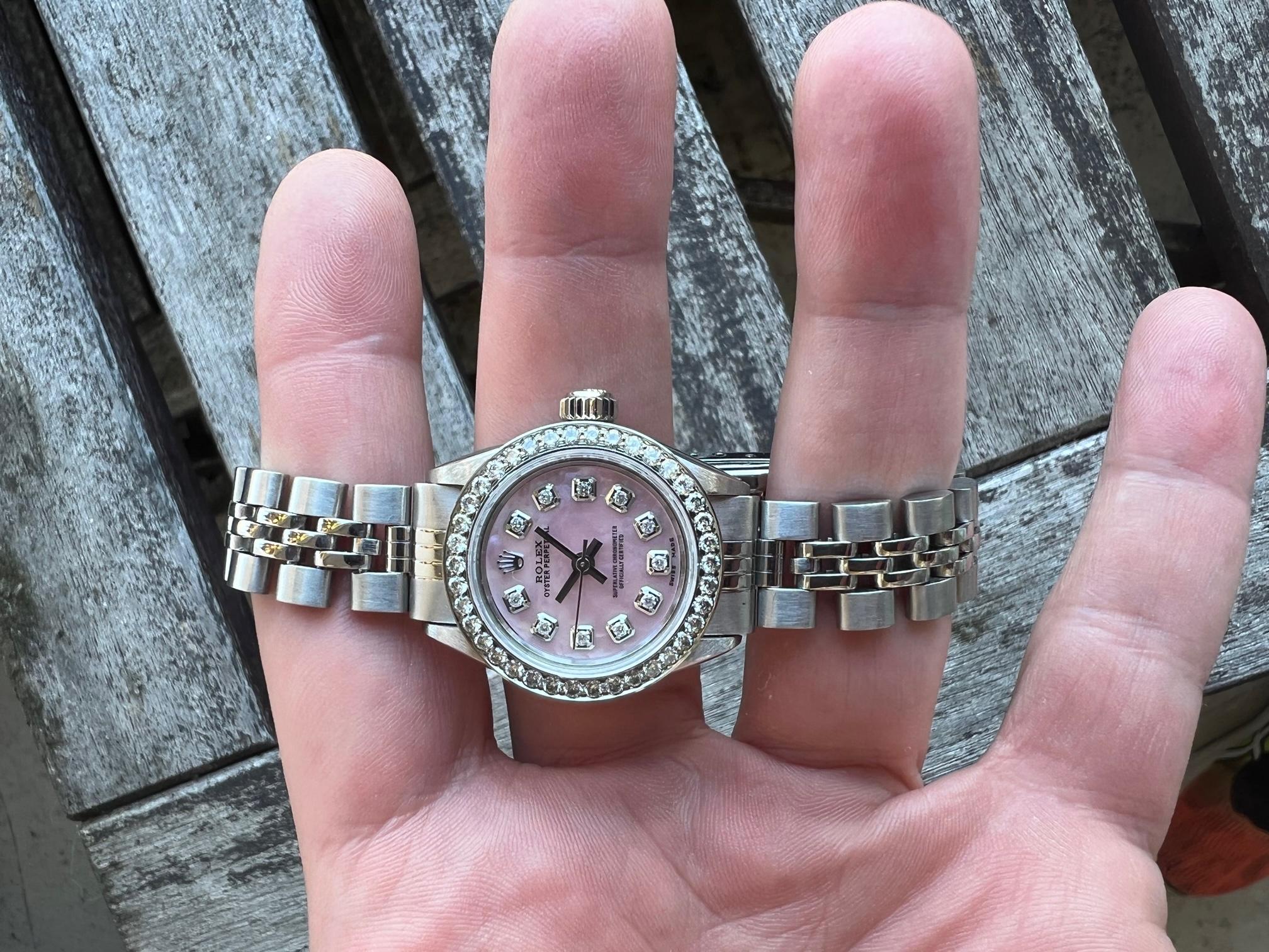 Bead Rolex Ladies Oyster Perpetual Pink MOP Diamond Dial Diamond Bezel Jubilee Watch