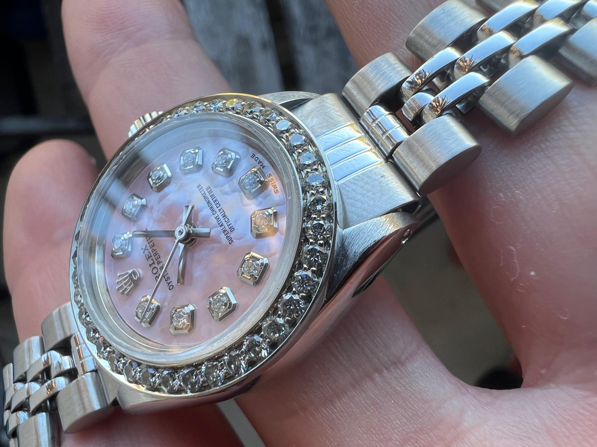 Rolex Ladies Oyster Perpetual Pink MOP Diamond Dial Diamond Bezel Jubilee Watch In Good Condition In San Pedro, CA