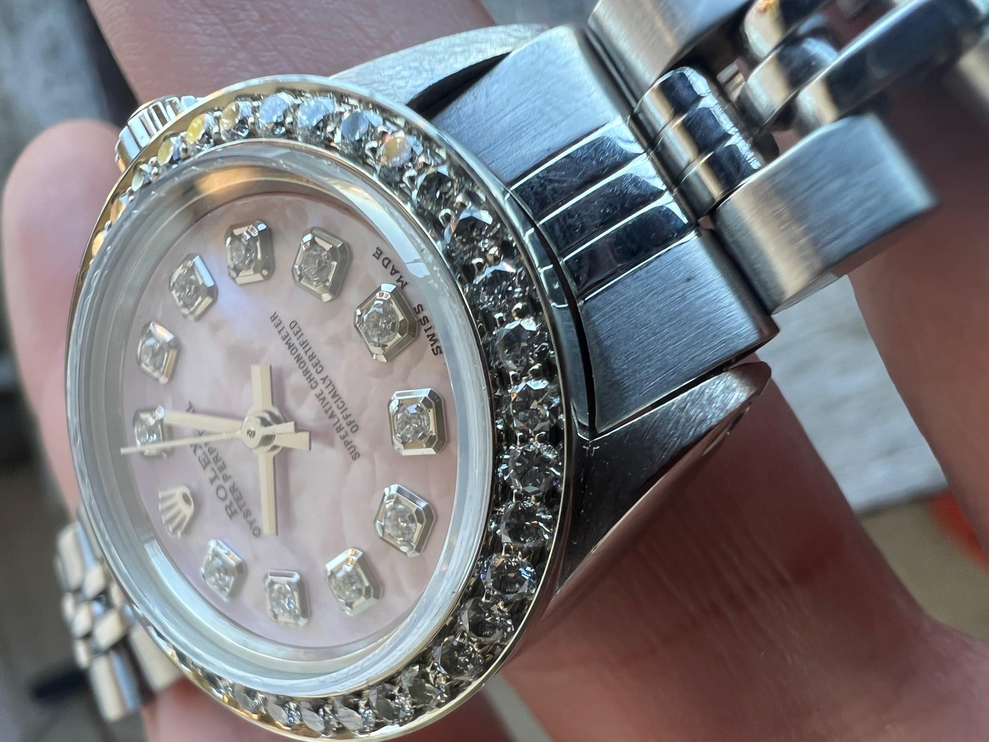 Women's Rolex Ladies Oyster Perpetual Pink MOP Diamond Dial Diamond Bezel Jubilee Watch