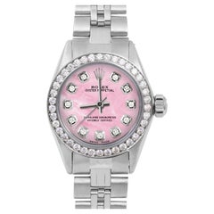 Rolex Ladies Oyster Perpetual Pink MOP Diamond Dial Diamond Bezel Jubilee Watch