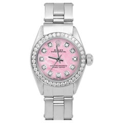 Rolex Ladies Oyster Perpetual Pink Mop Diamond Dial Diamond Bezel Watch