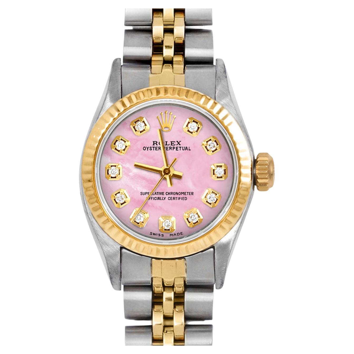 Rolex Ladies Oyster Perpetual Pink MOP Diamond Dial Fluted Bezel Jubilee Watch For Sale