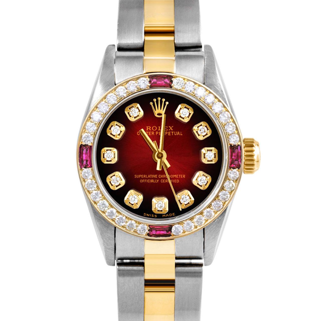 Brand : Rolex
Model : Oyster Perpetual 
Gender : Ladies
Metals : 14K Yellow Gold / Stainless Steel
Case Size : 24 mm

Dial : Custom Red Vignette Diamond Dial (This dial is not original Rolex And has been added aftermarket yet is a beautiful Custom