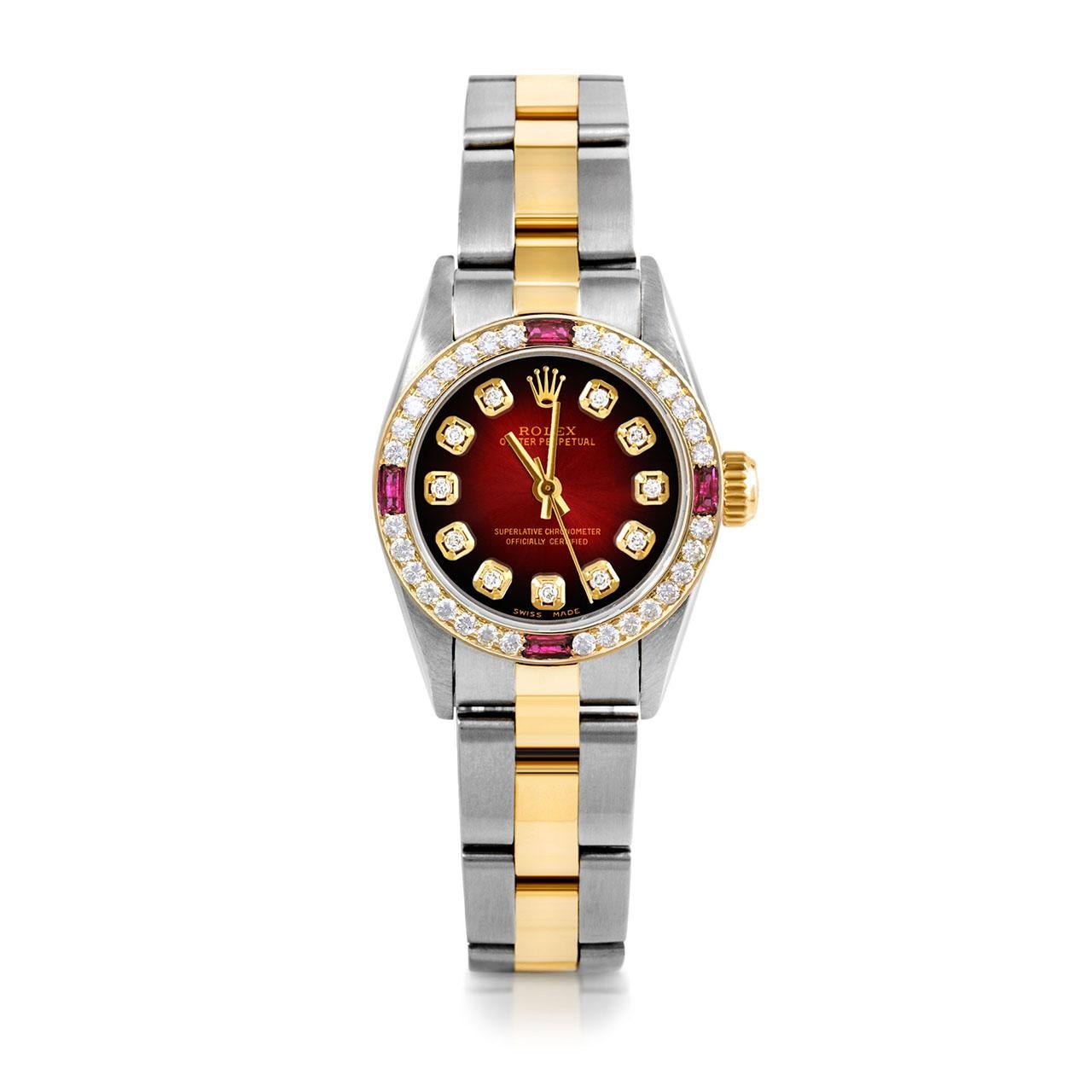 Rolex Damen Oyster Perpetual Red Vignette Diamant-Zifferblatt Rubin-Diamant-Lünette Uhr (Perle) im Angebot