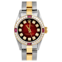 Rolex Ladies Oyster Perpetual Red Vignette Diamond Dial Ruby Diamond Bezel Watch