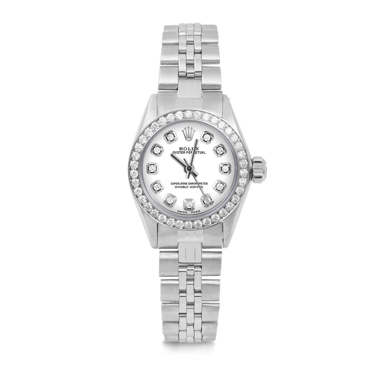 Perle Rolex Montre Oyster Perpetual à cadran blanc avec lunette en diamant et lunette Jubilee pour femmes en vente
