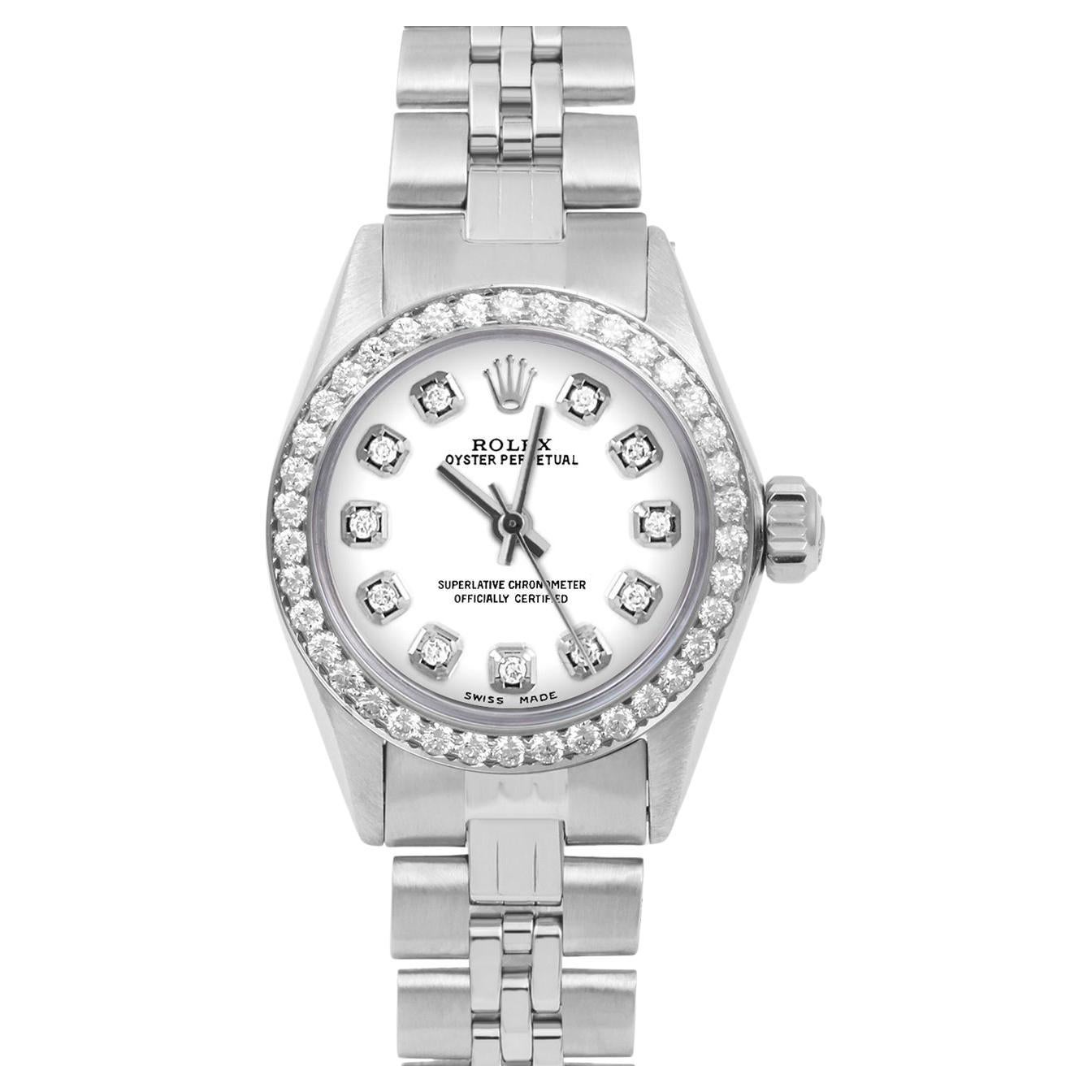 Rolex Ladies Oyster Perpetual White Diamond Dial Diamond Bezel Jubilee Watch For Sale