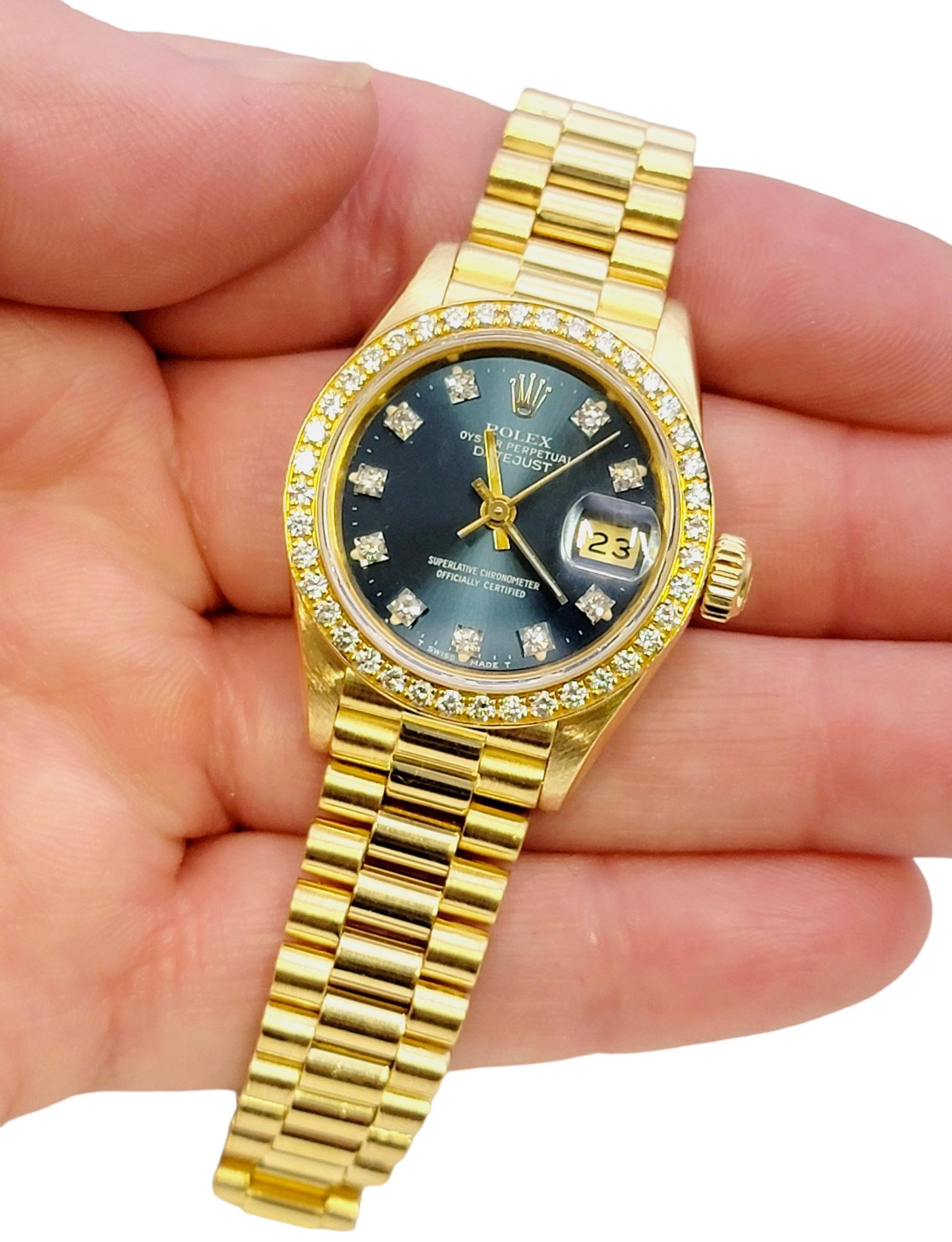 Rolex Ladies Oyster President Datejust Watch Factory Diamond Bezel 18 Karat Gold For Sale 3