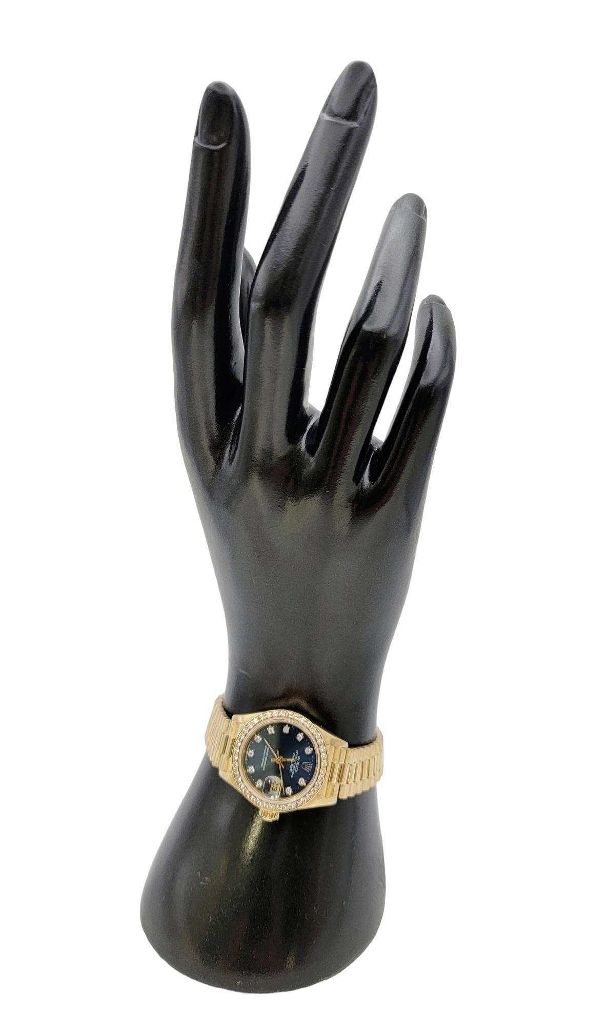 Rolex Ladies Oyster President Datejust Watch Factory Diamond Bezel 18 Karat Gold For Sale 4
