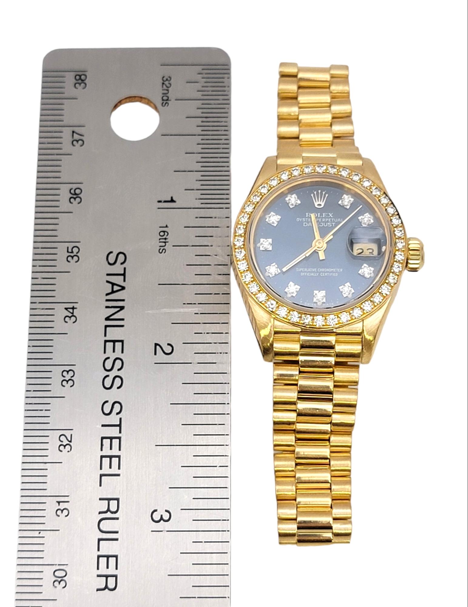 Rolex Ladies Oyster President Datejust Watch Factory Diamond Bezel 18 Karat Gold For Sale 8
