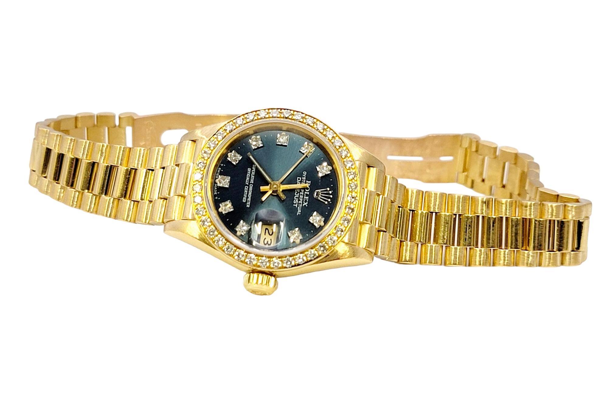 Contemporary Rolex Ladies Oyster President Datejust Watch Factory Diamond Bezel 18 Karat Gold For Sale