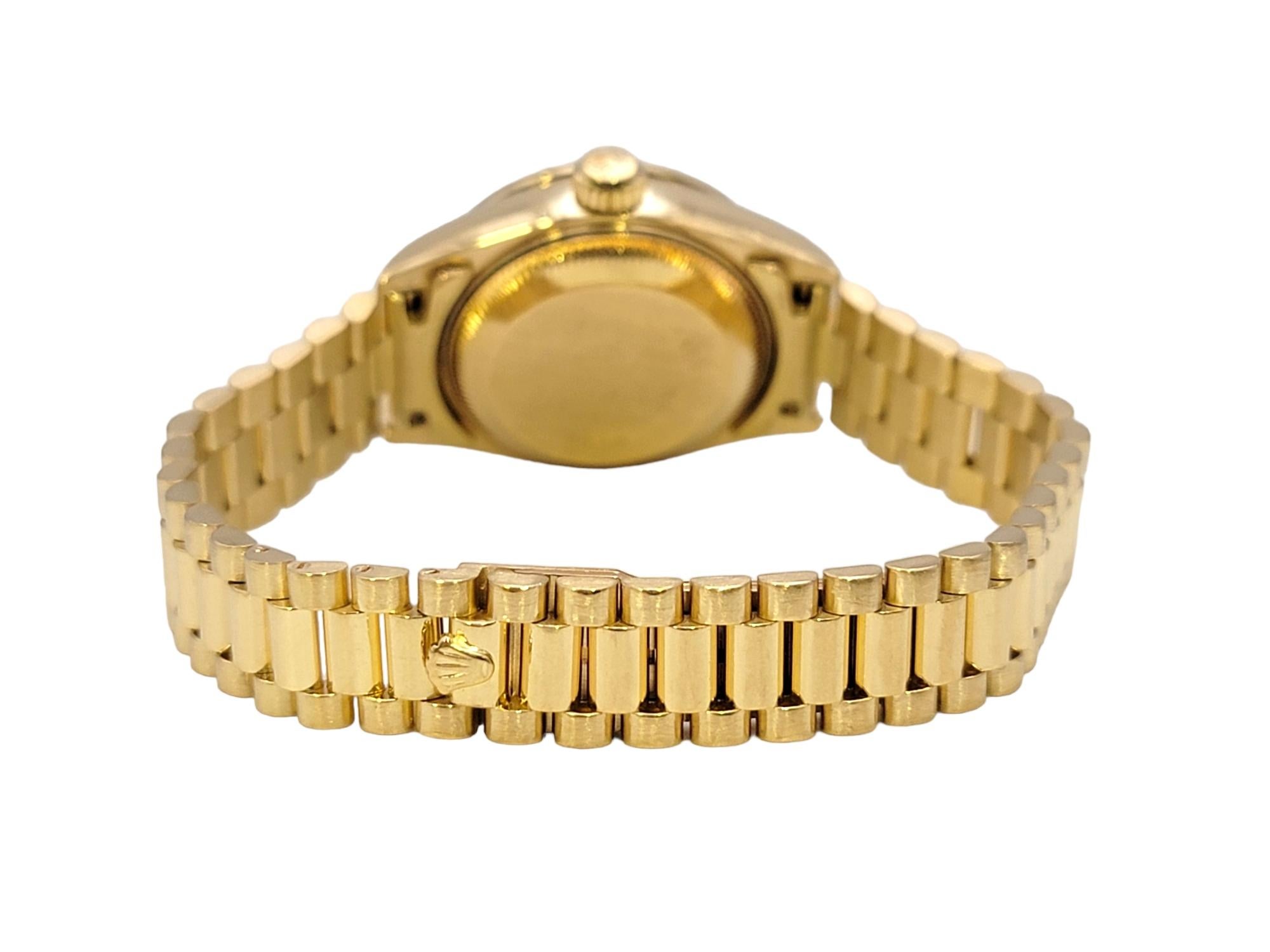Round Cut Rolex Ladies Oyster President Datejust Watch Factory Diamond Bezel 18 Karat Gold For Sale
