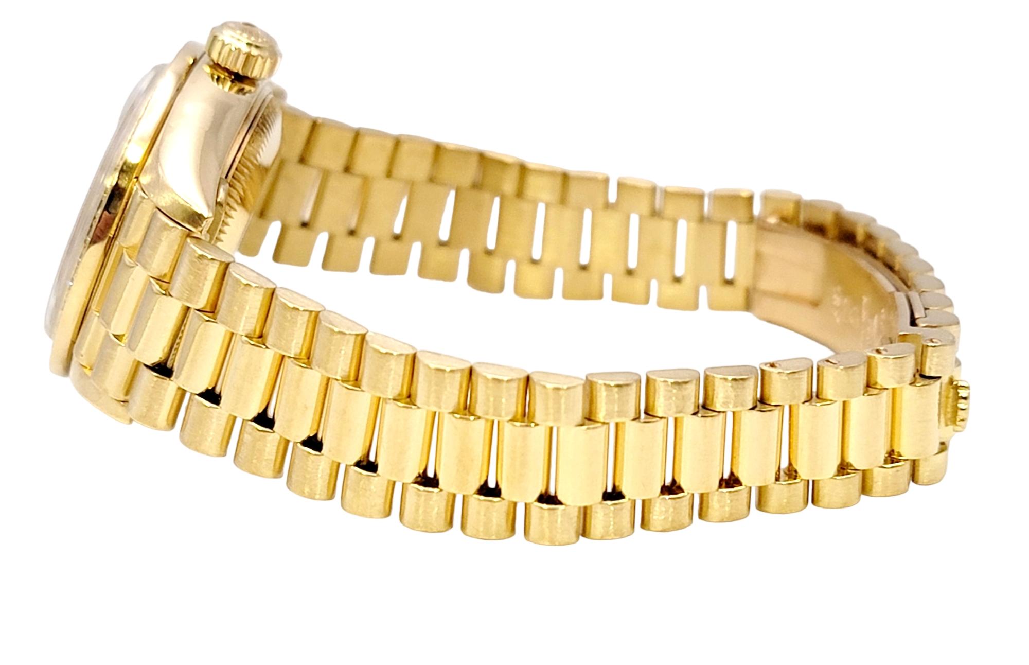 Rolex Ladies Oyster President Datejust Watch Factory Diamond Bezel 18 Karat Gold In Good Condition For Sale In Scottsdale, AZ
