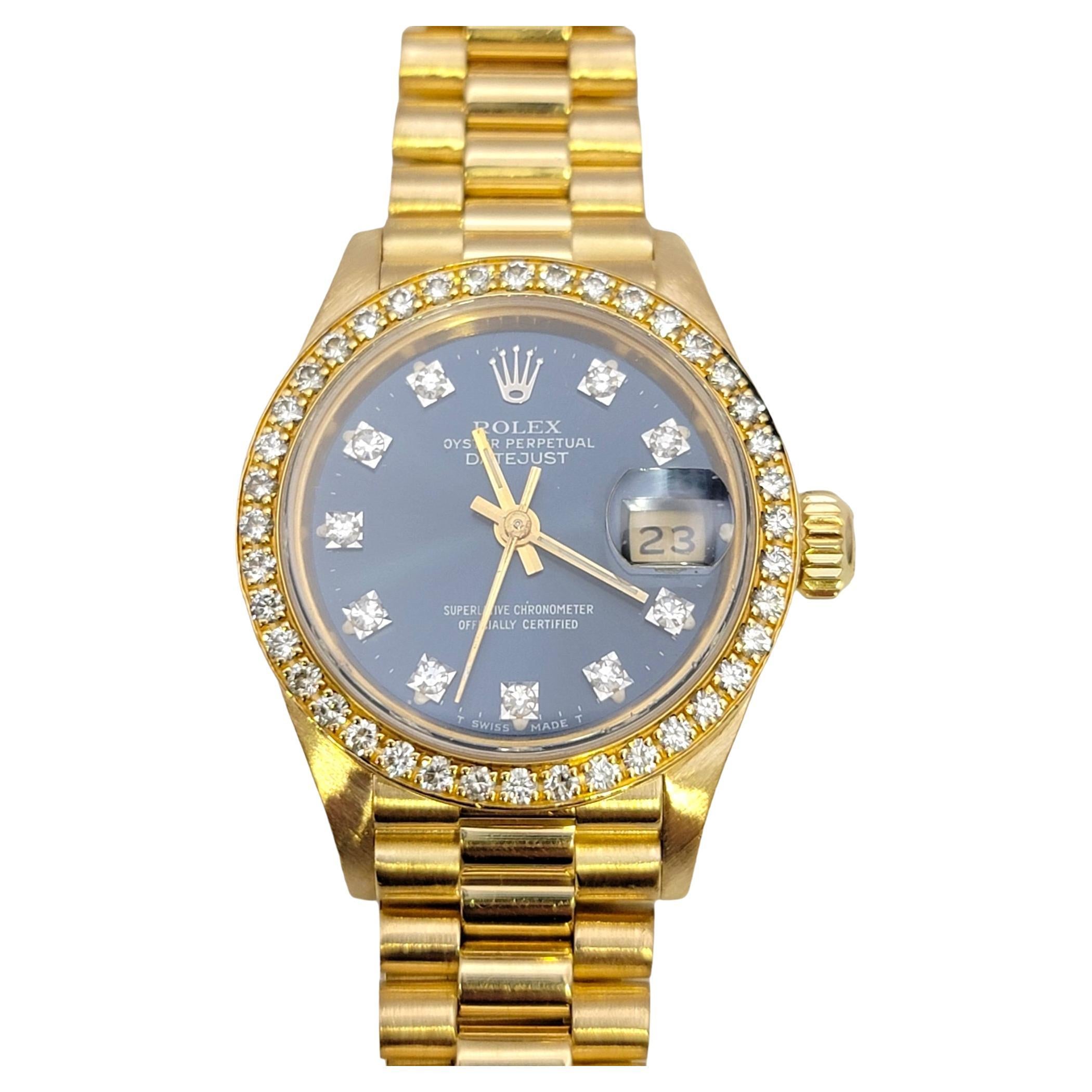 Rolex Ladies Oyster President Datejust Watch Factory Diamond Bezel 18 Karat Gold
