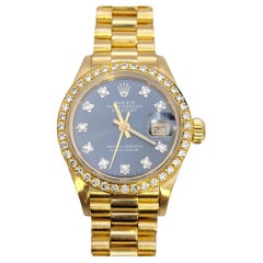 Rolex Ladies Oyster President Datejust Watch Factory Diamond Bezel 18 Karat Gold