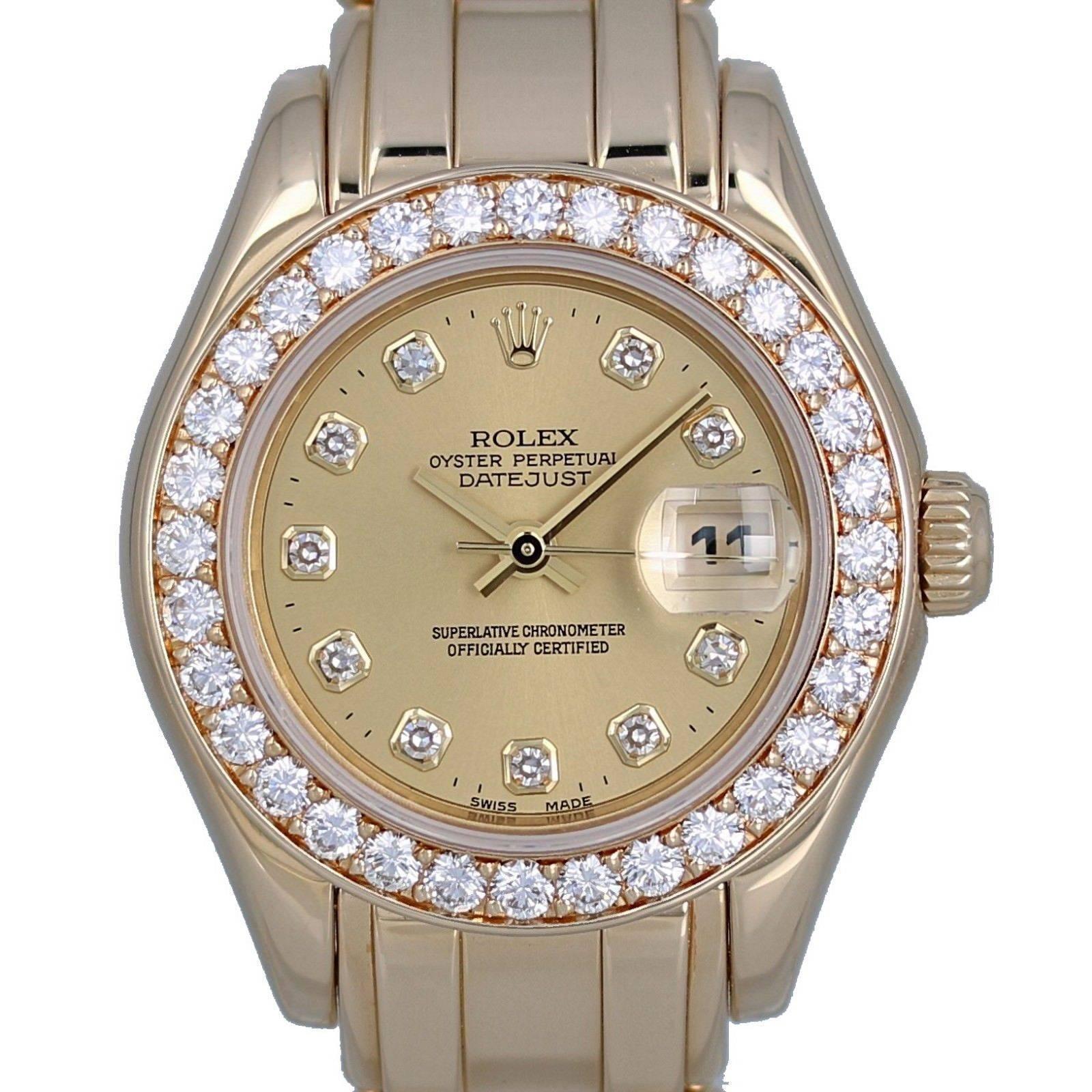 Brand Name  Rolex 
Style Number  69298 
Series  Pearlmaster 29 Masterpiece 
Gender  Lady's 
Case Material  18k Yellow Gold 
Dial Color  Champagne w/ Diamonds 
Movement  Automatic 
Engine  Cal. 2135
Functions  Hours, Minutes, Seconds, Date 
Crystal