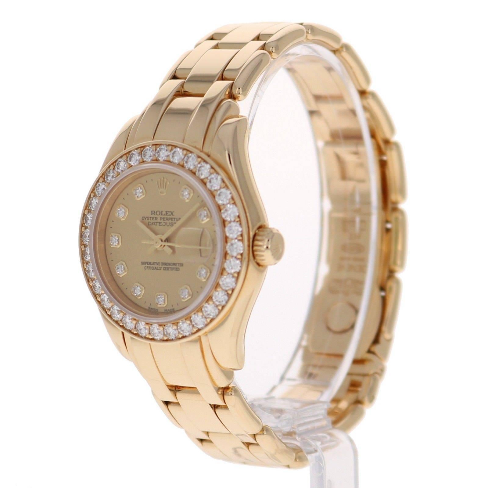 Rolex Ladies Yellow Gold Diamond Pearlmaster Champagne Dial Automatic Wristwatch In Excellent Condition For Sale In Los Angeles, CA