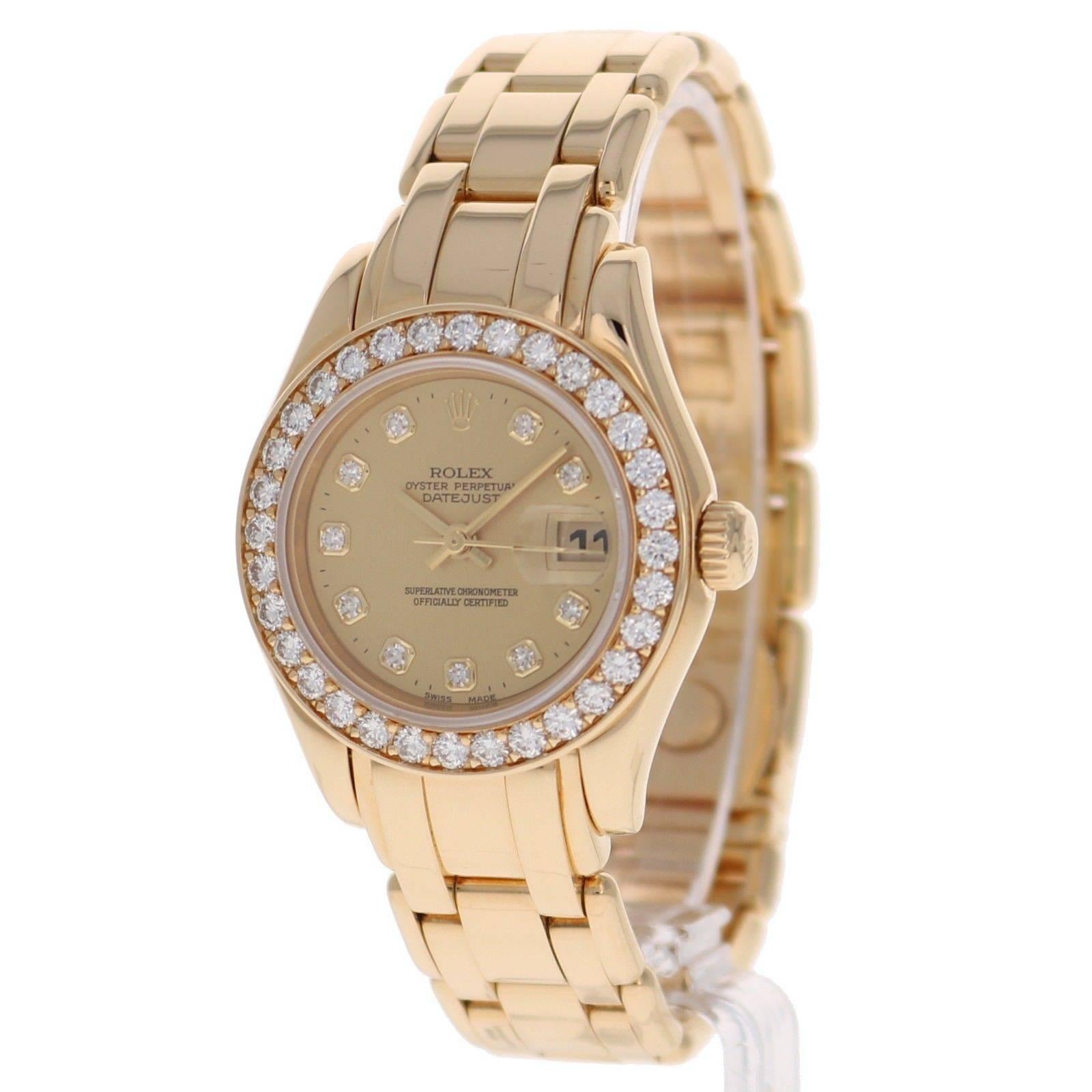 Women's or Men's Rolex Ladies Yellow Gold Diamond Pearlmaster Champagne Dial Automatic Wristwatch For Sale