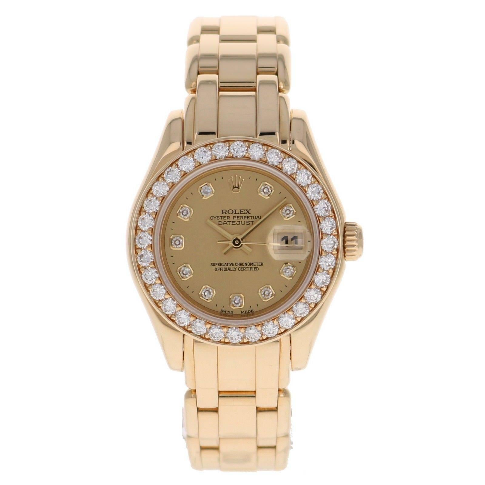 Rolex Ladies Yellow Gold Diamond Pearlmaster Champagne Dial Automatic Wristwatch For Sale 1