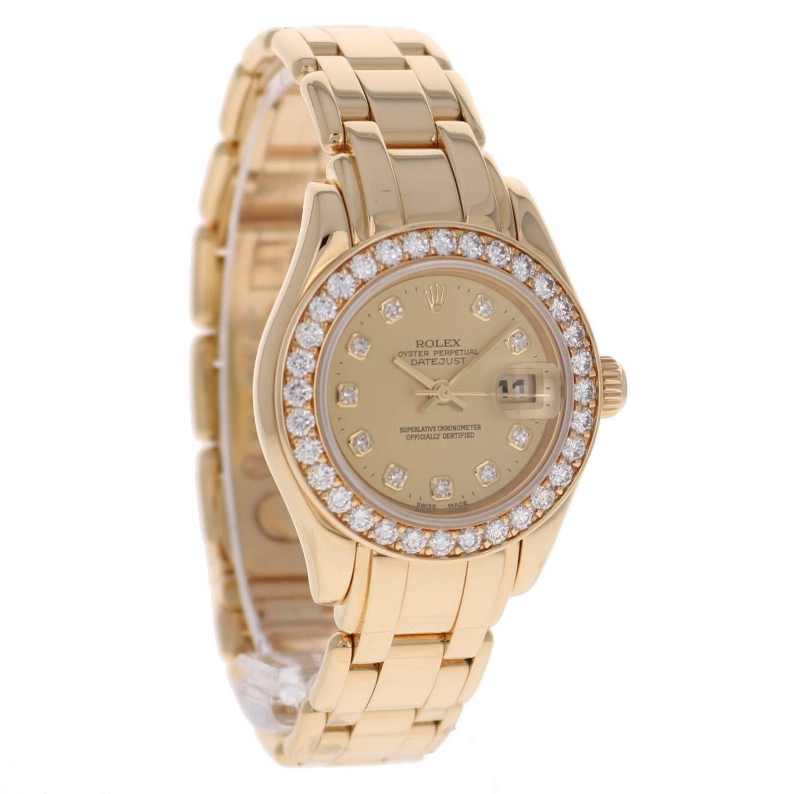 Rolex Ladies Yellow Gold Diamond Pearlmaster Champagne Dial Automatic Wristwatch For Sale 2