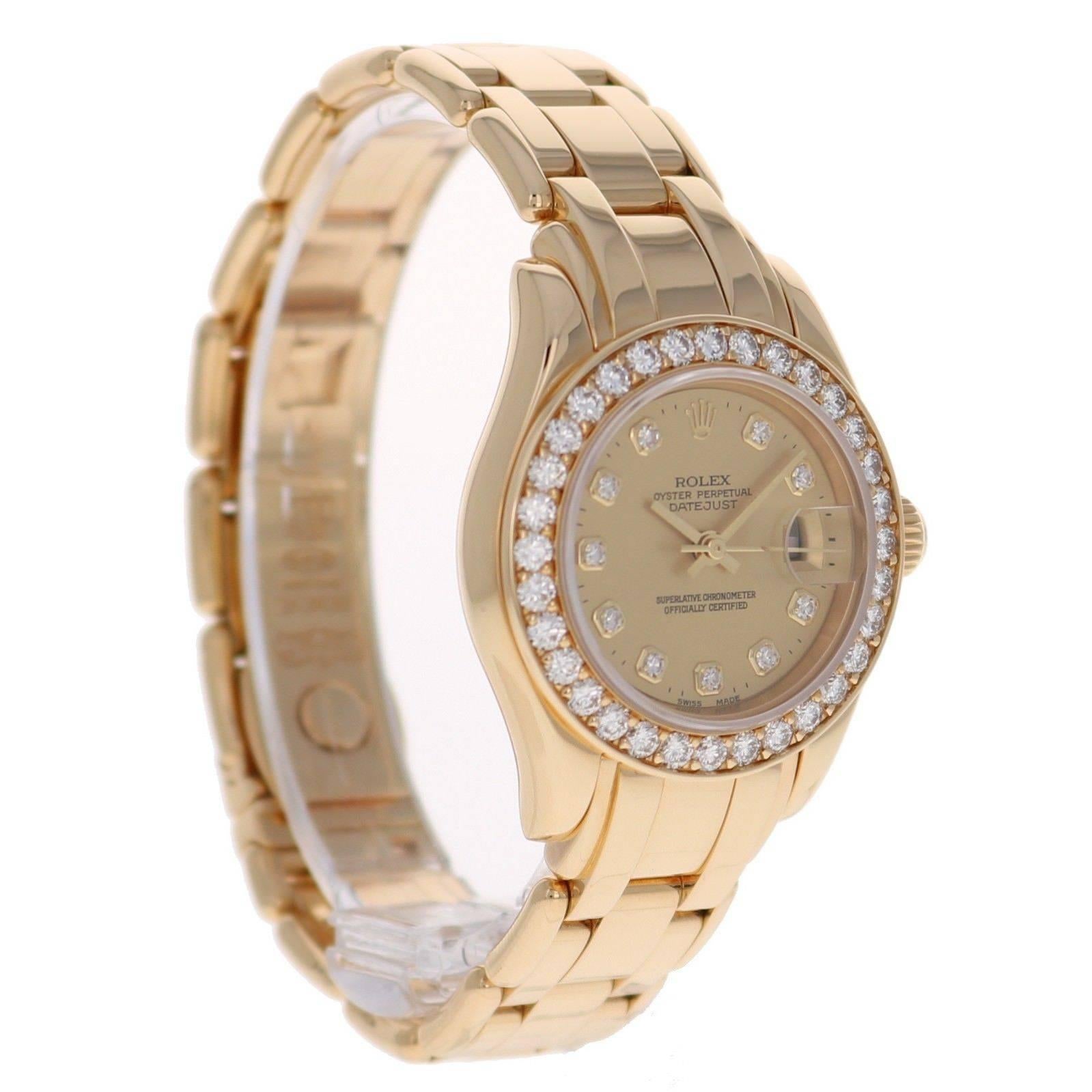 Rolex Ladies Yellow Gold Diamond Pearlmaster Champagne Dial Automatic Wristwatch For Sale 3