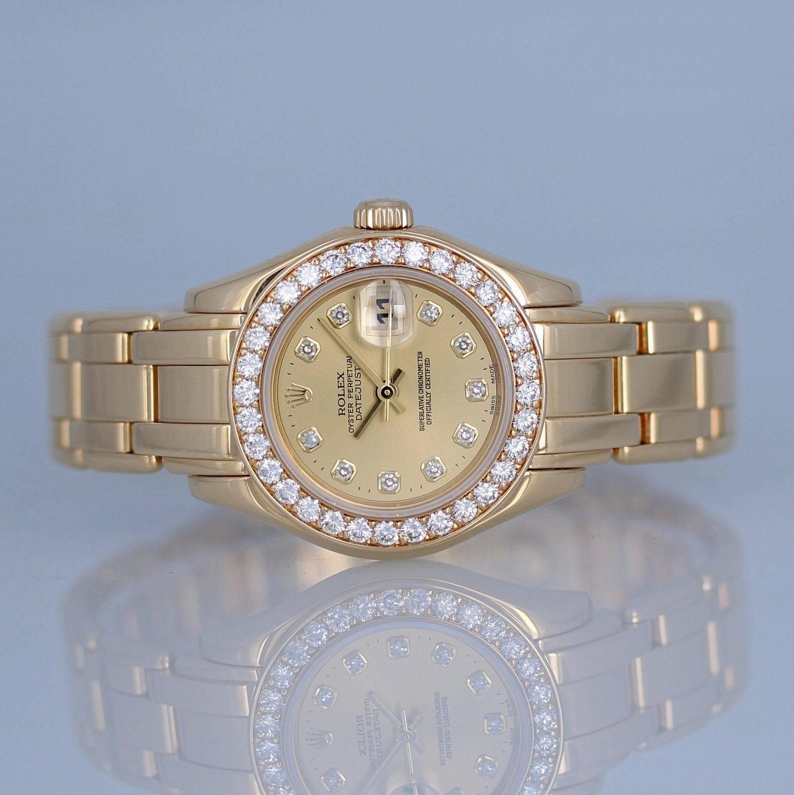 Rolex Ladies Yellow Gold Diamond Pearlmaster Champagne Dial Automatic Wristwatch For Sale 4