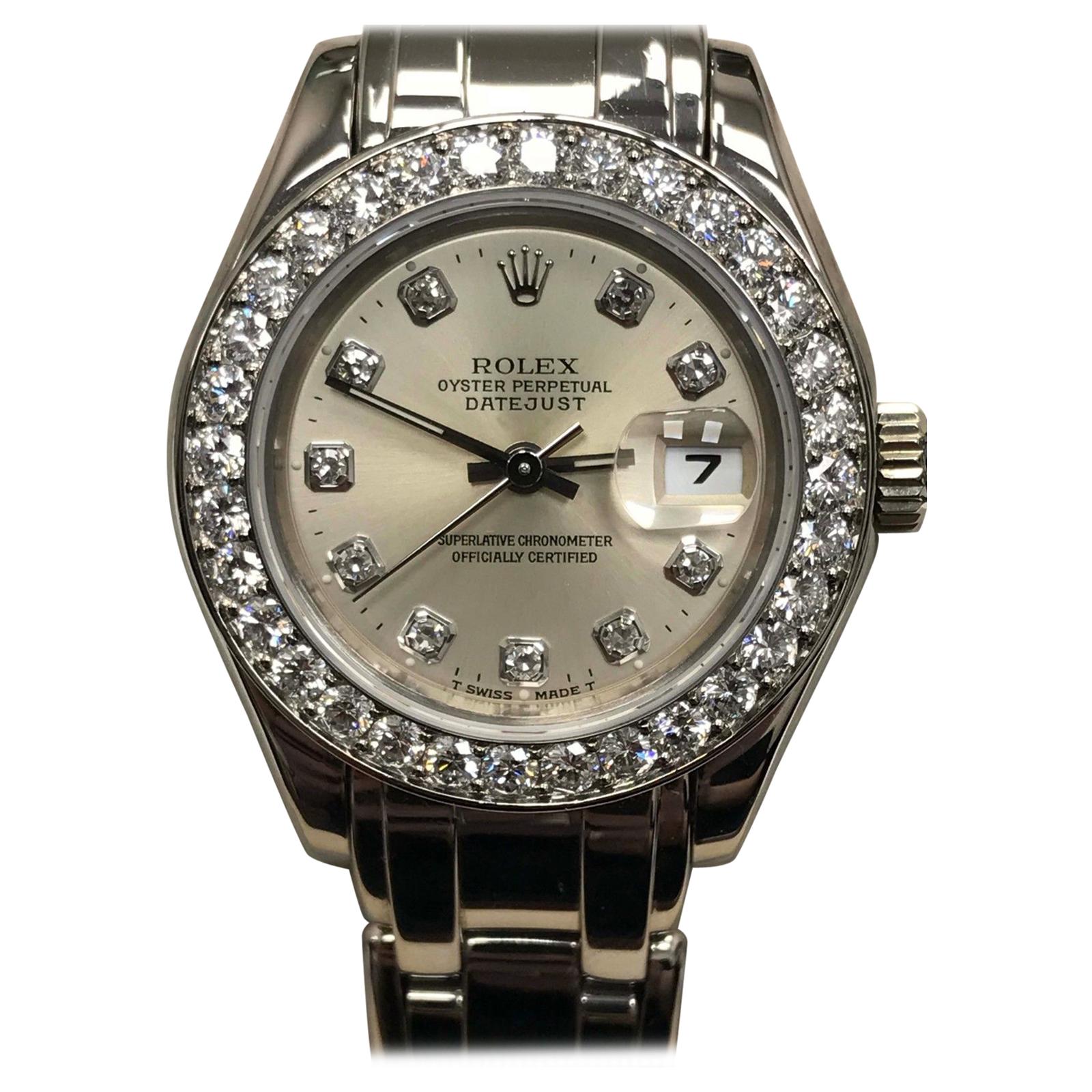 Rolex Montre Pearlmaster 69299 pour femme avec cadran et lunette d'origine en or 18 carats et diamants