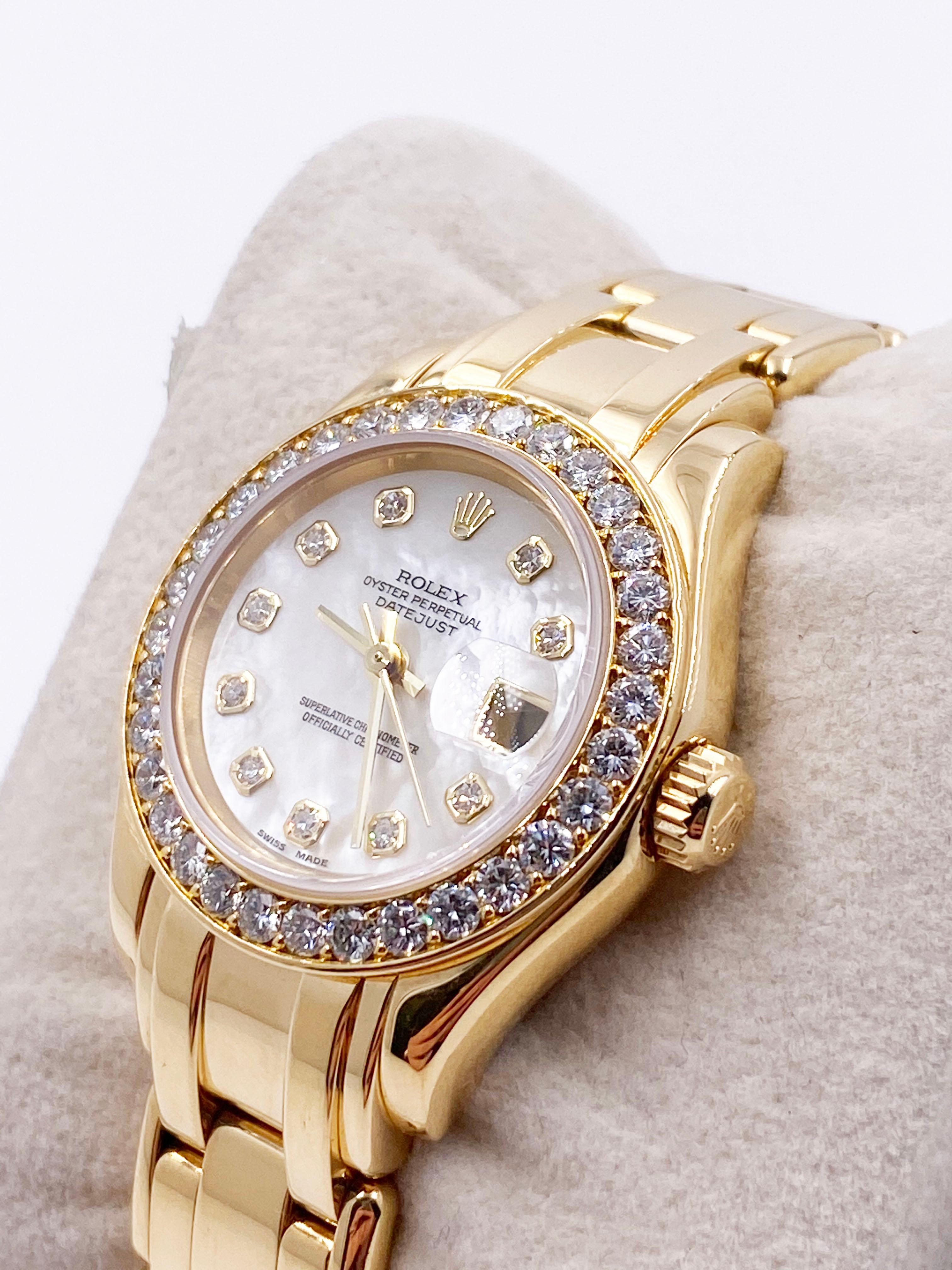 Round Cut Rolex Ladies Pearlmaster 80298 MOP Diamond Dial & Bezel 18 Karat Gold Box Paper