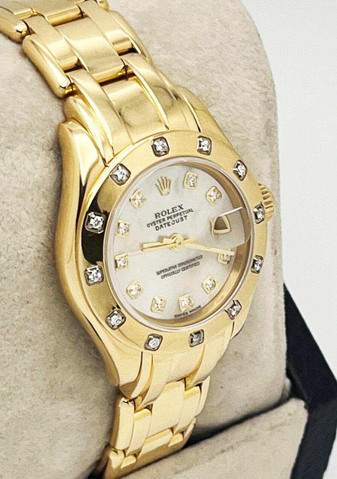 Rolex Damen Perlenmaster 80318 18K Gelbgold MOP Diamant-Zifferblatt Diamant-Lünette im Zustand „Hervorragend“ im Angebot in San Diego, CA