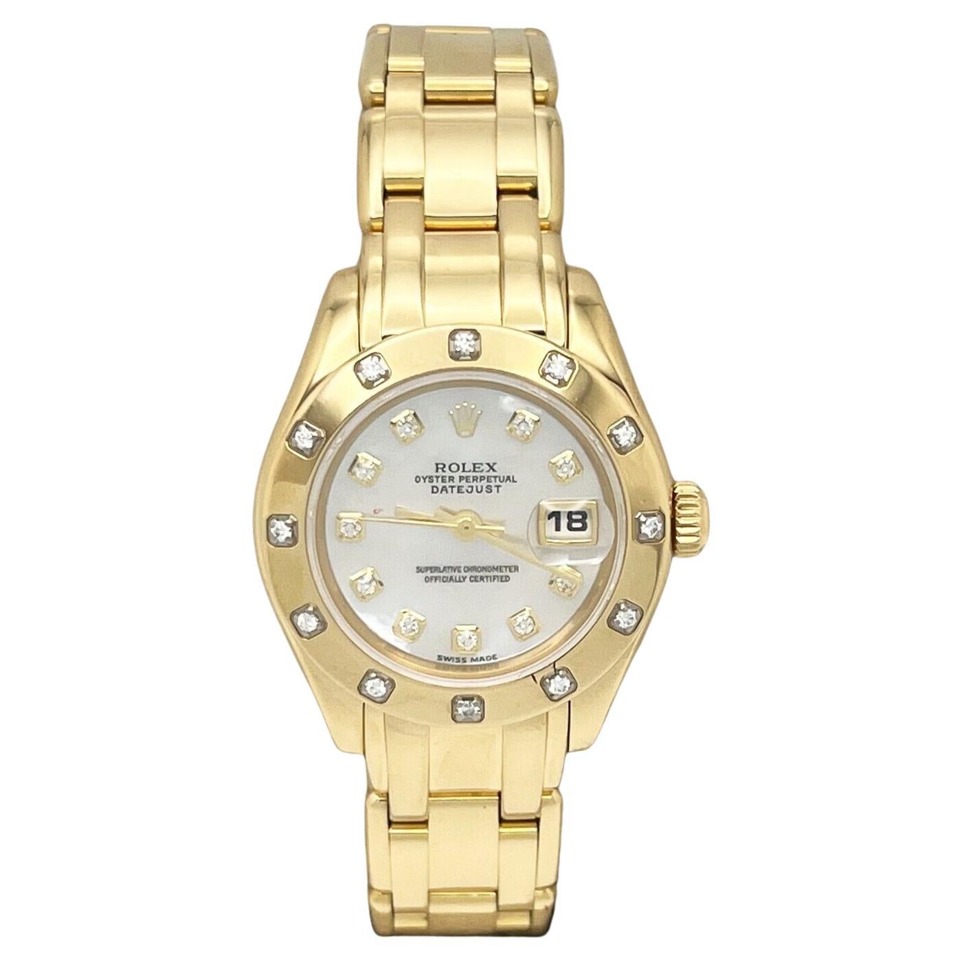 Rolex Ladies Pearlmaster 80318 18K Yellow Gold MOP Diamond Dial Diamond Bezel For Sale