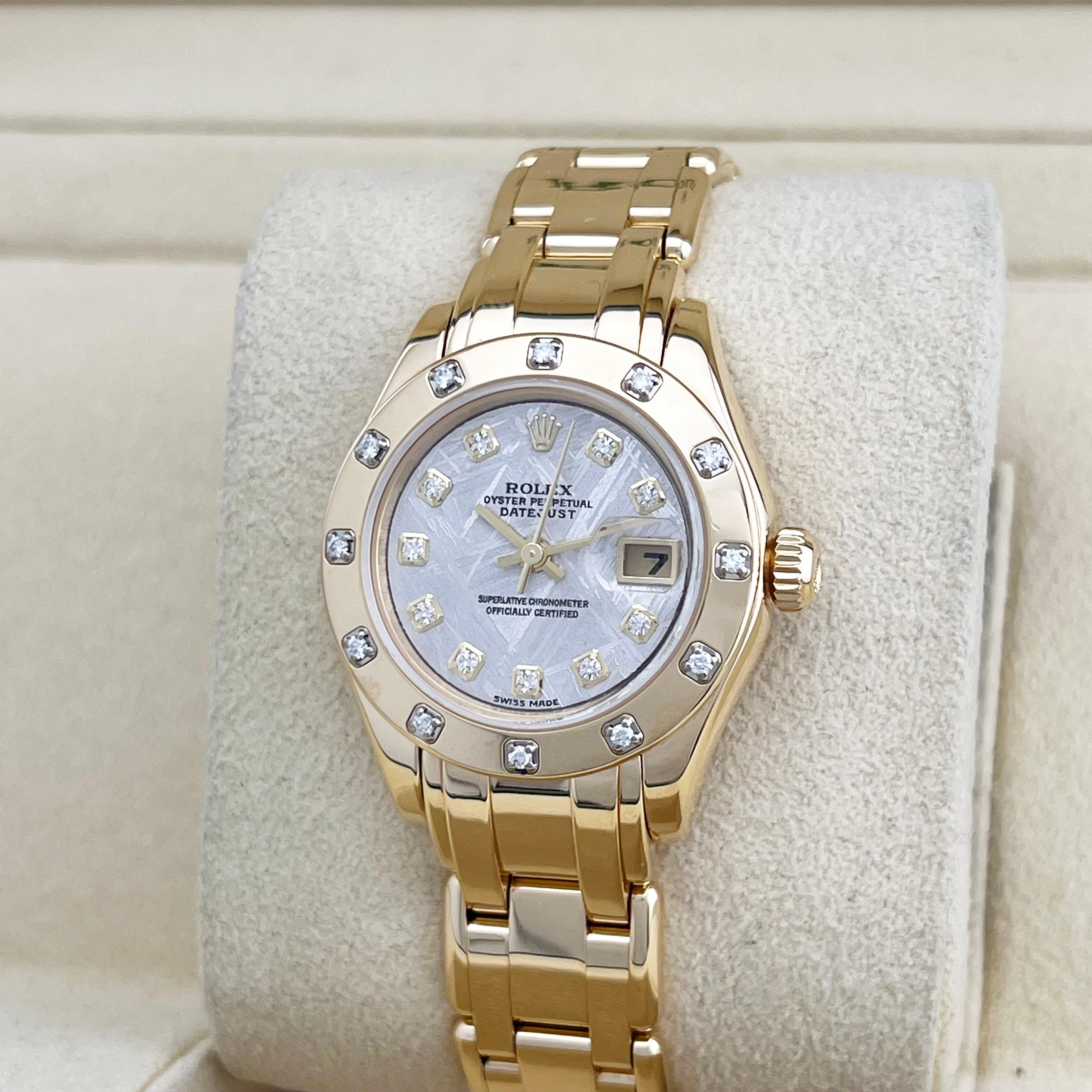 Rolex Ladies Pearlmaster 80318 Factory Meteorite Diamond Dial Bezel 18K Gold In Excellent Condition In San Diego, CA