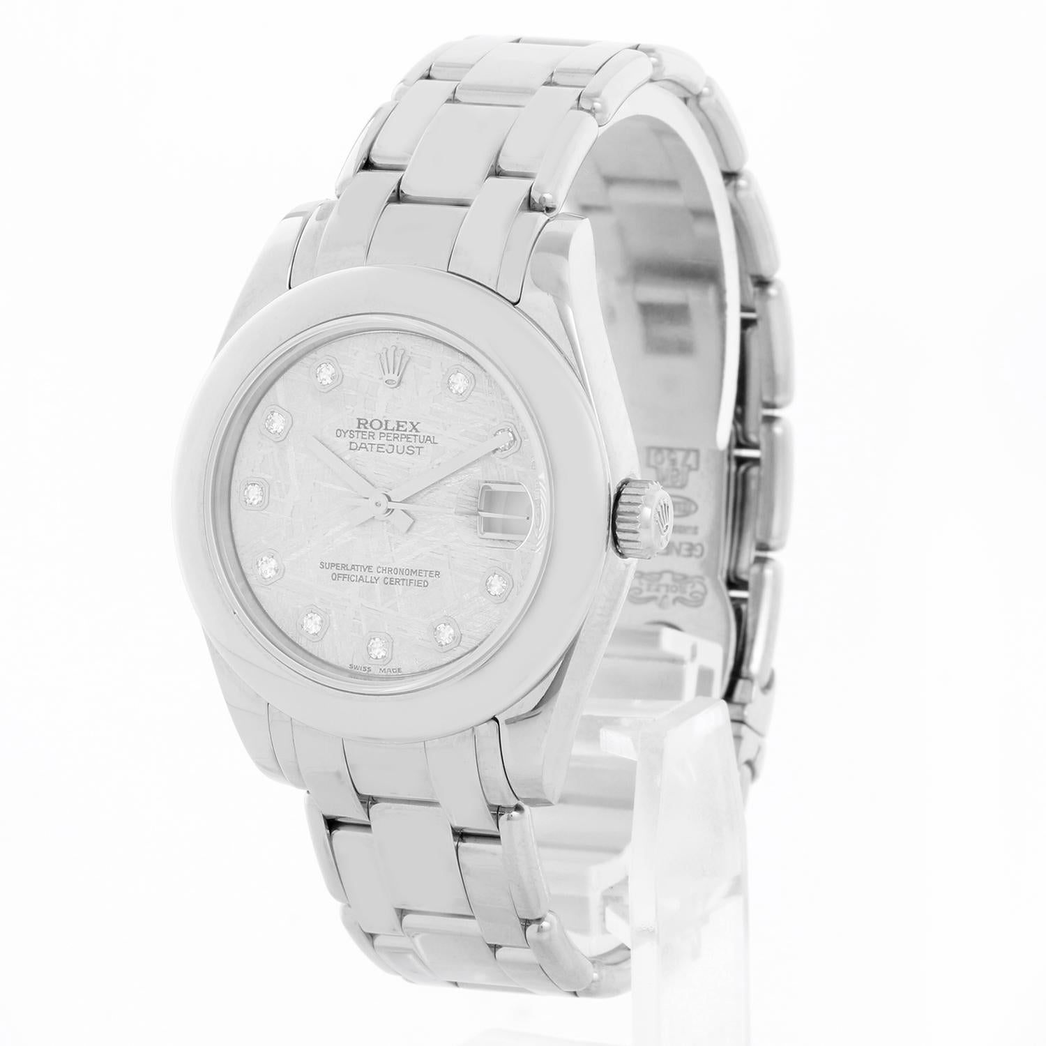 Rolex Ladies Pearlmaster Midsize White Gold Watch 81209 - Automatic winding, 31 jewels, Quickset, sapphire crystal. 18k white gold case with dome bezel  (34 mm ). Factory meteorite diamond dial. 18k white gold Pearlmaster bracelet. Pre-owned with