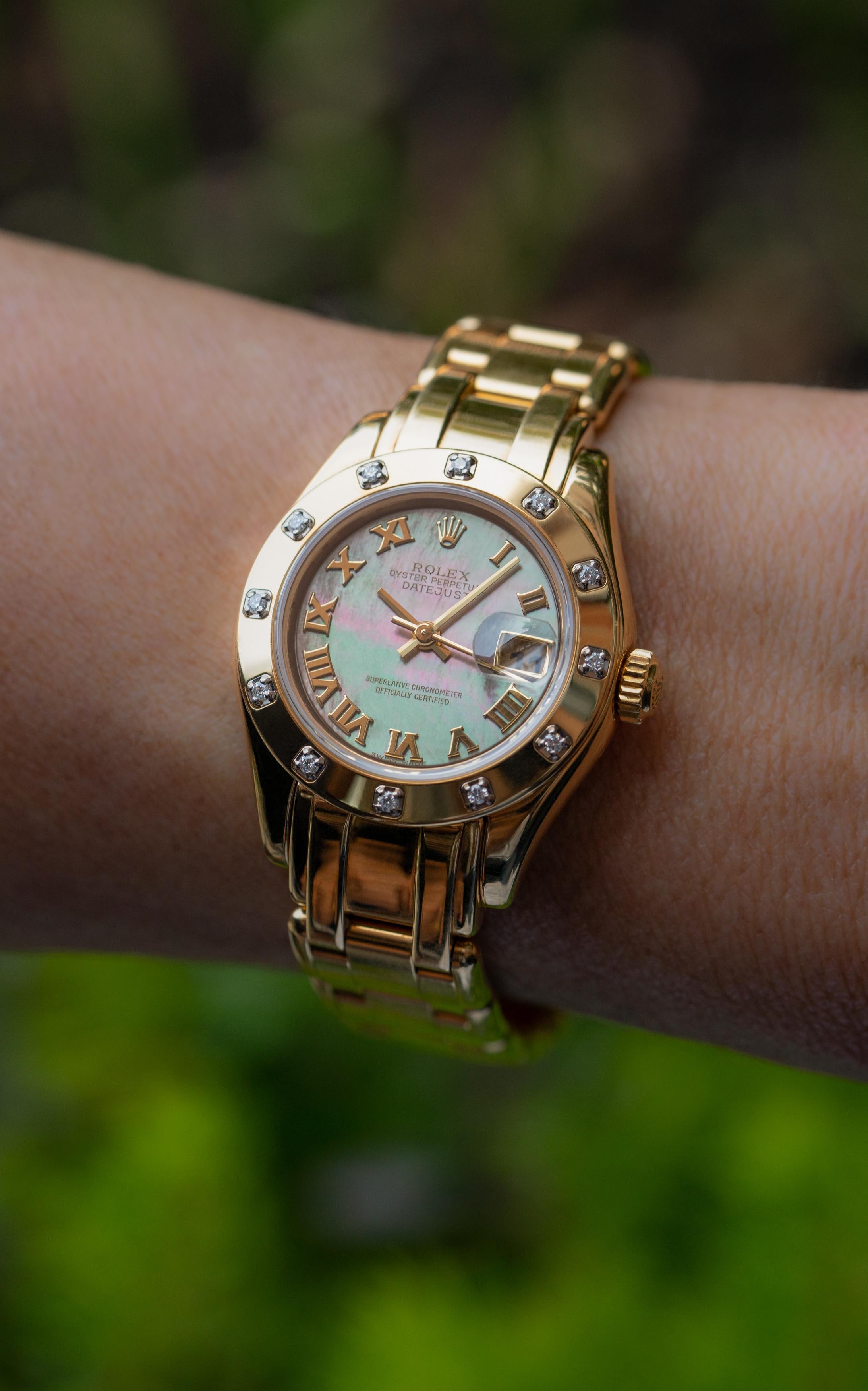 Modern 2001 Rolex Ladies Pearlmaster Watch Model 81318 Tahitian Pearl Dial Diamonds