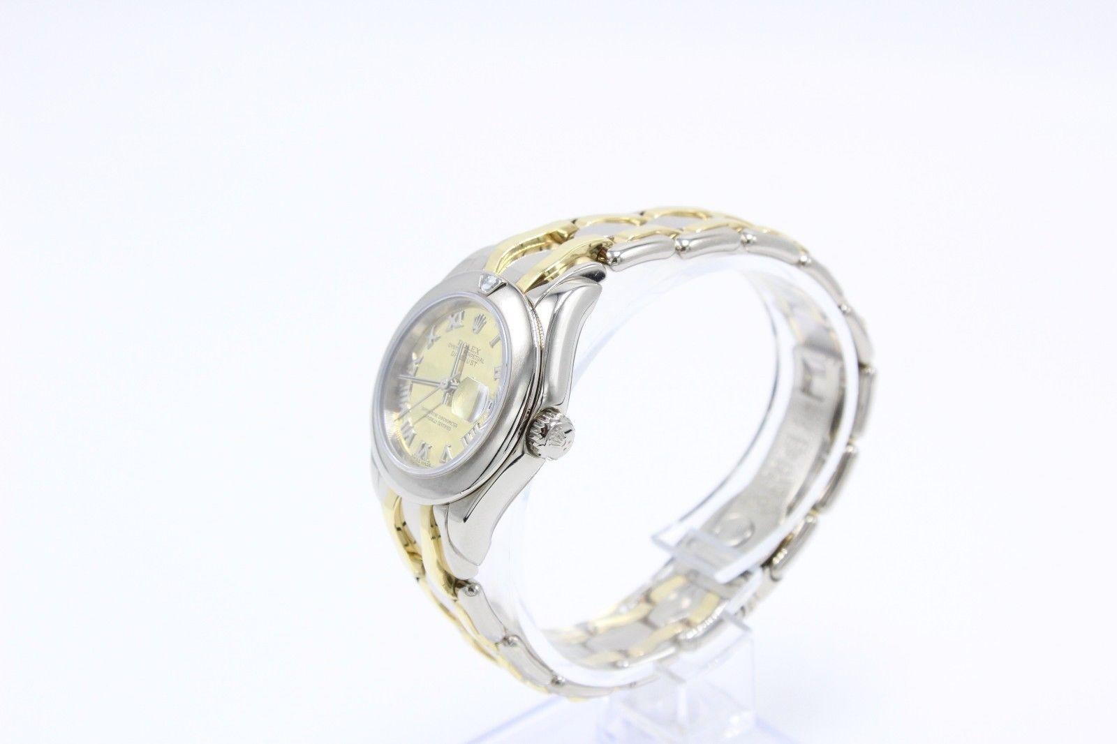 Taglio rotondo Rolex Donna Pearlmaster 69329 Oro giallo e bianco 18 carati Lunetta con diamanti Scatola Rolex in vendita
