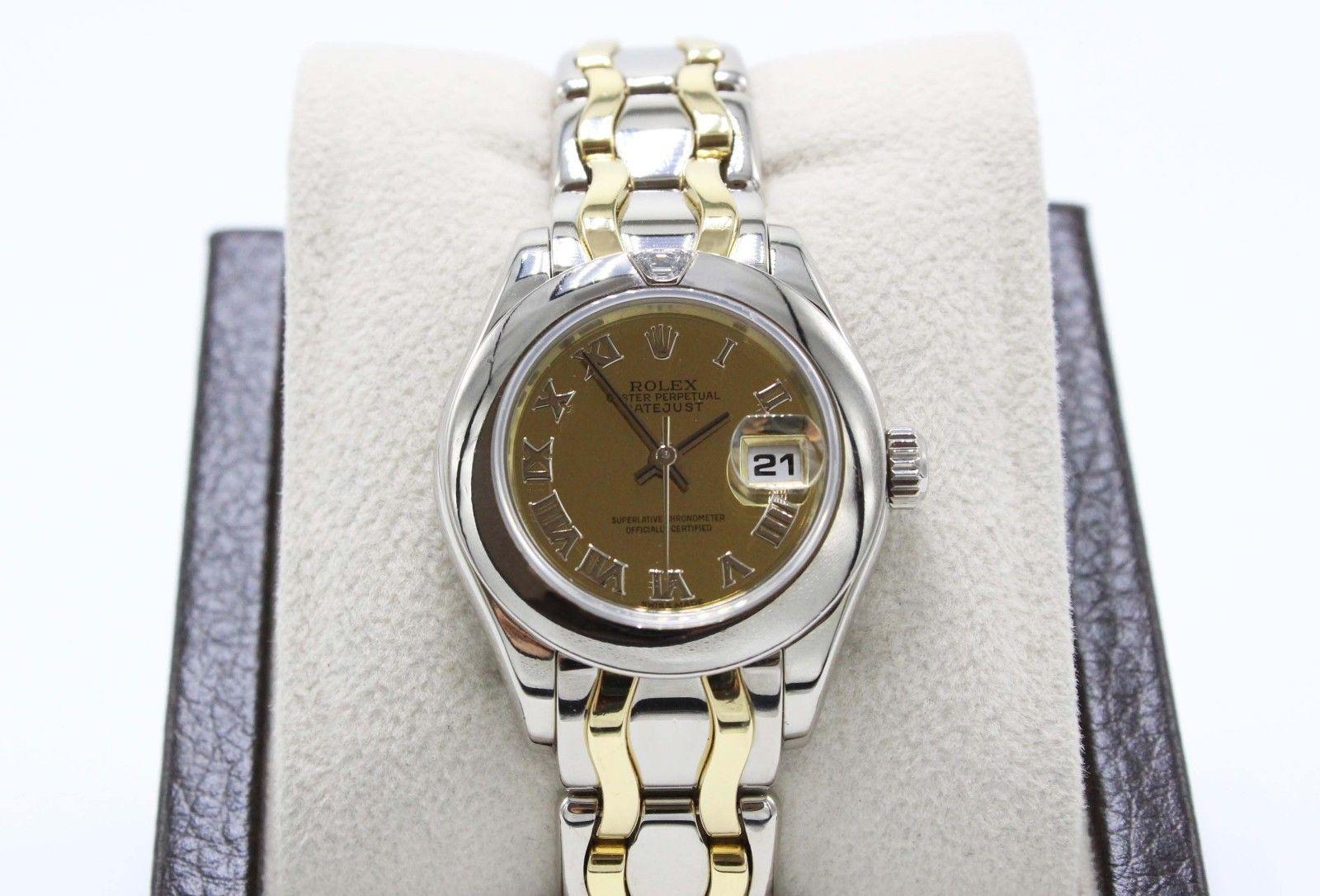 Round Cut Rolex Ladies Pearmaster 69329 18 Karat Yellow and White Gold Diamond on Bezel For Sale