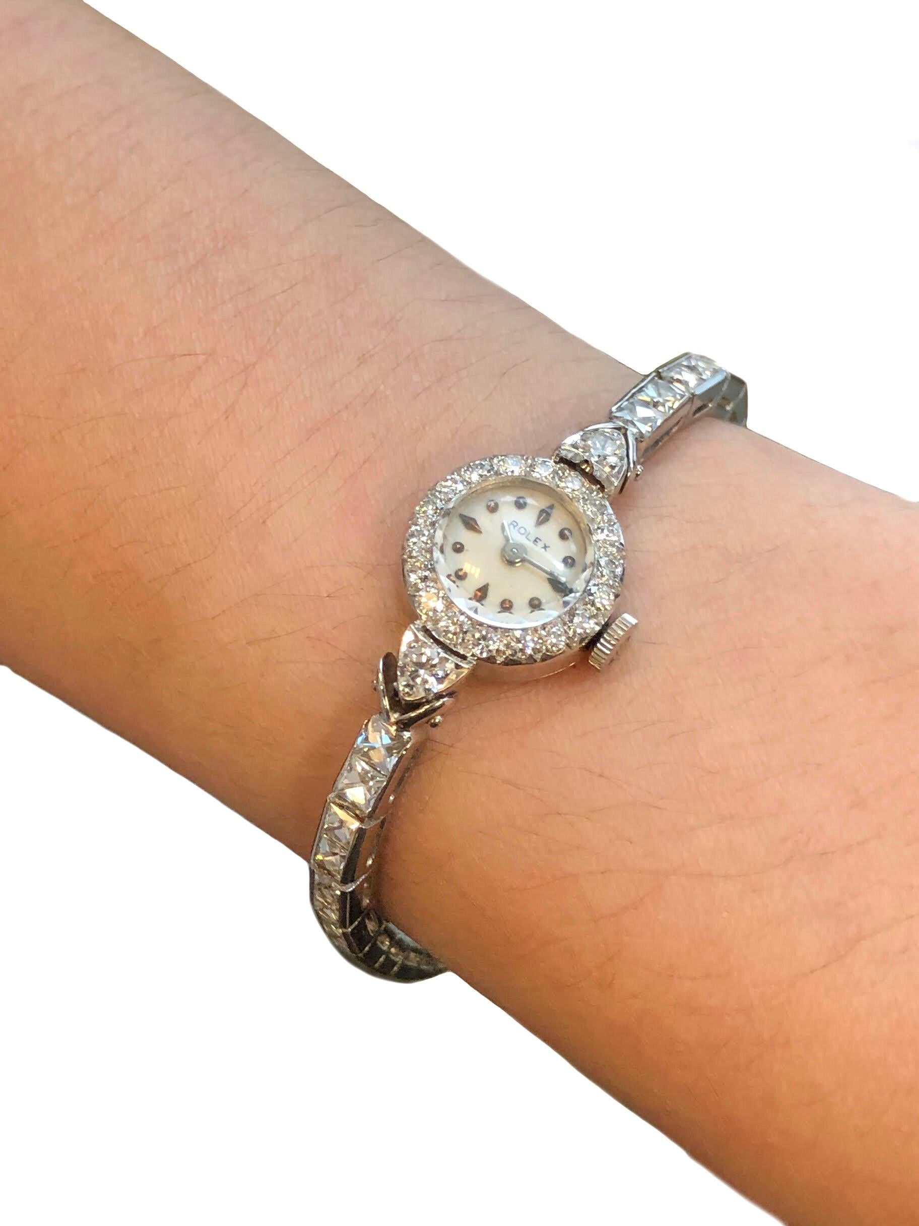 Women's or Men's Rolex Ladies Platinum and French Cut Diamonds Bracelet Wristwatch