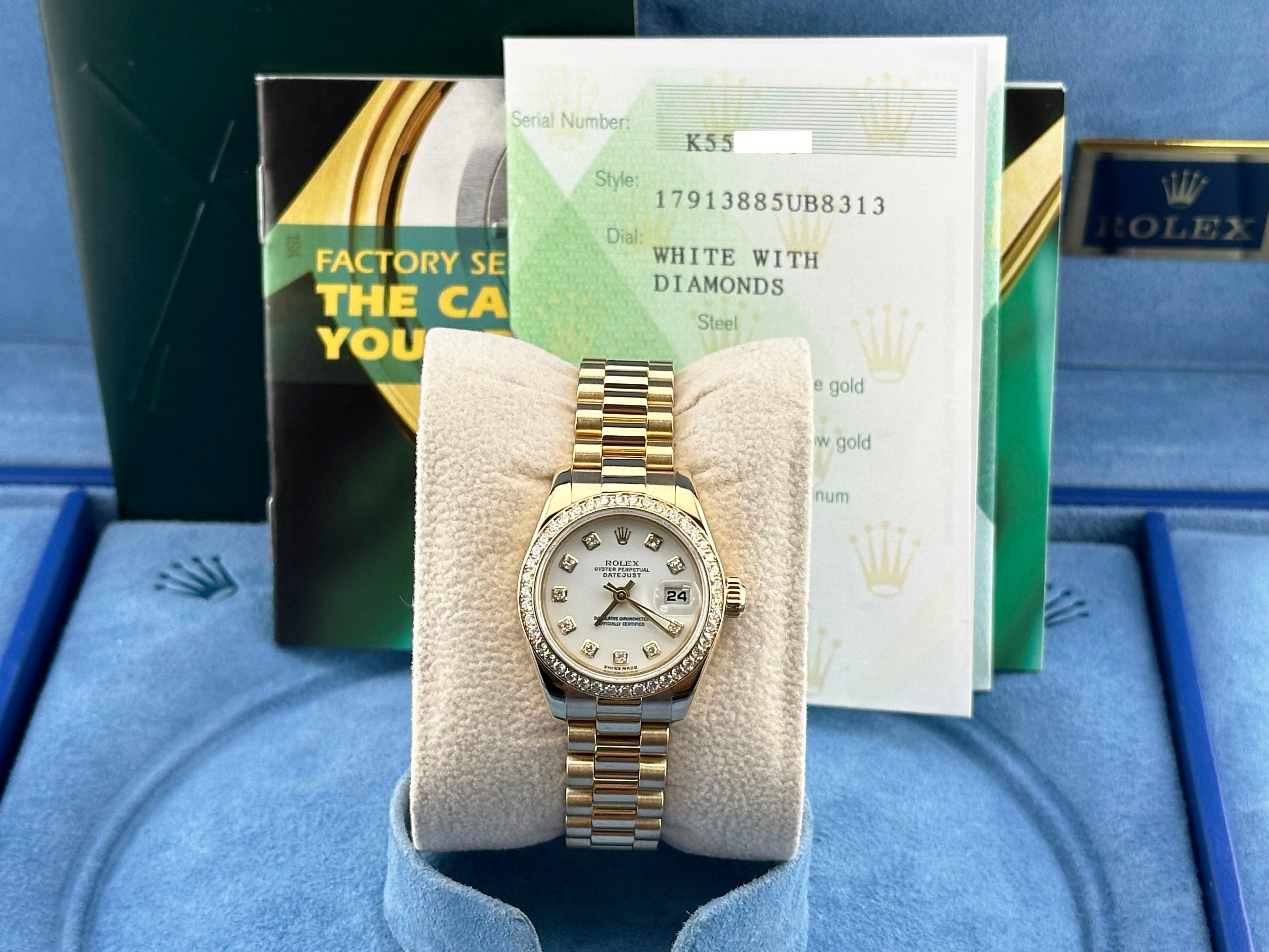 Rolex Ladies President 179138 White Diamond Dial Bezel 18K Yellow Gold Box Paper In Excellent Condition For Sale In San Diego, CA