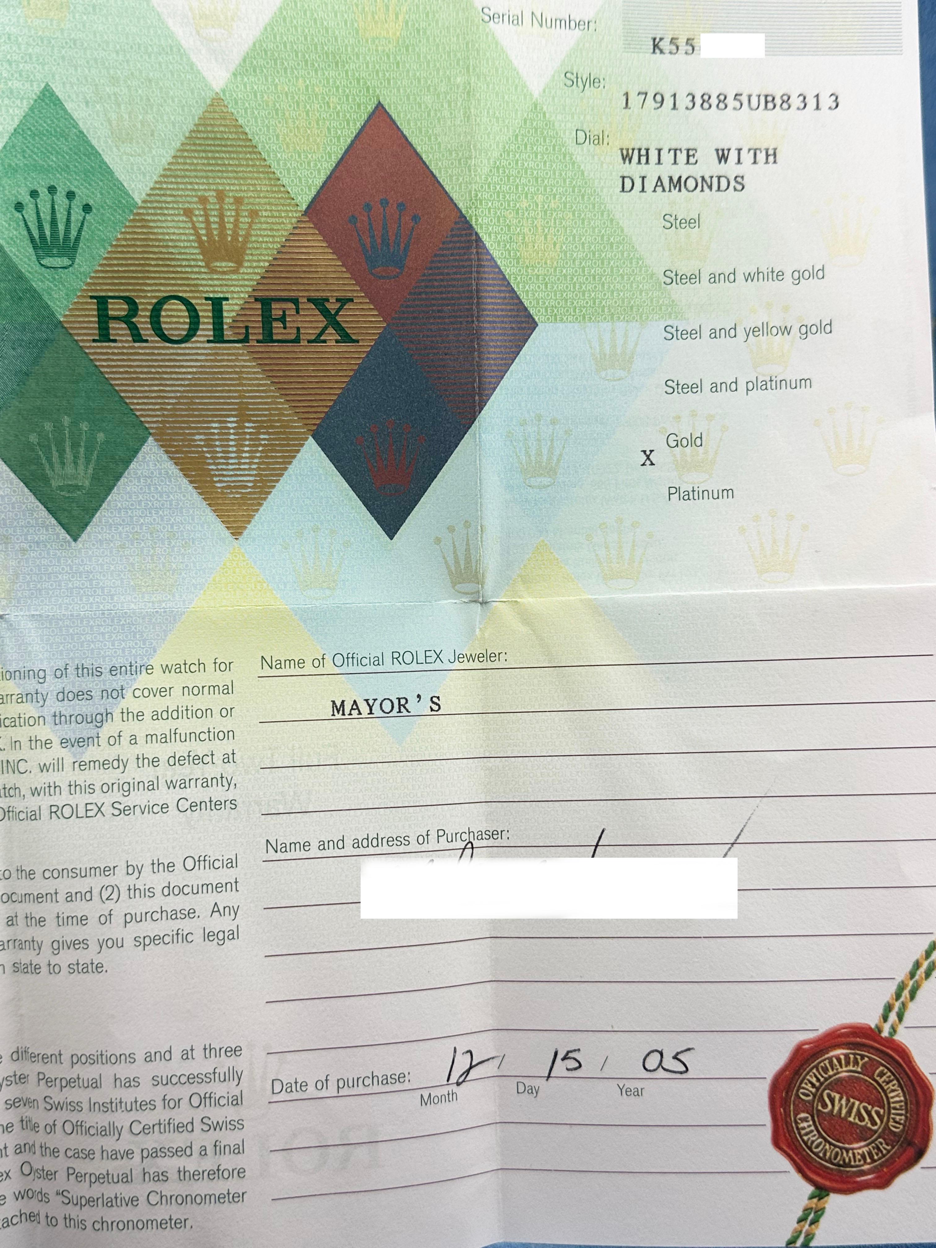 Women's Rolex Ladies President 179138 White Diamond Dial Bezel 18K Yellow Gold Box Paper For Sale