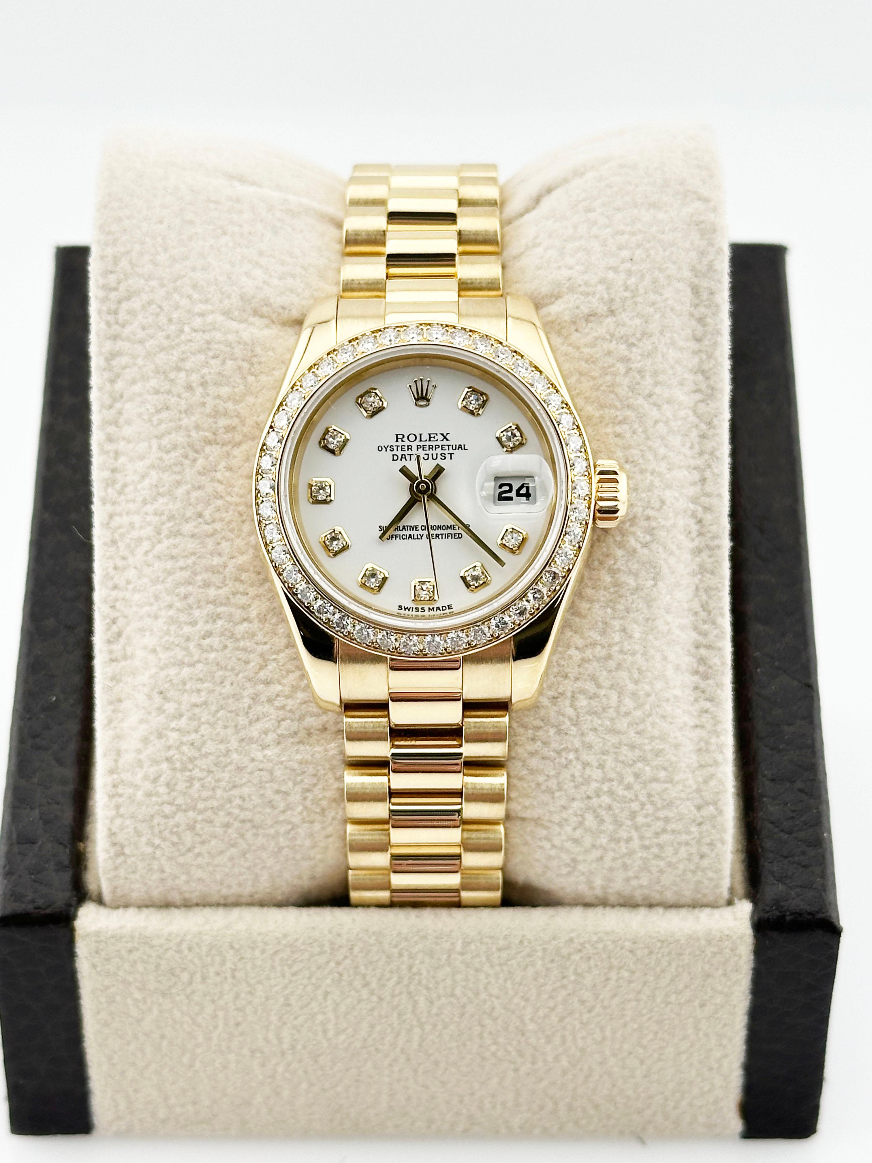 Rolex Ladies President 179138 White Diamond Dial Bezel 18K Yellow Gold Box Paper For Sale 1