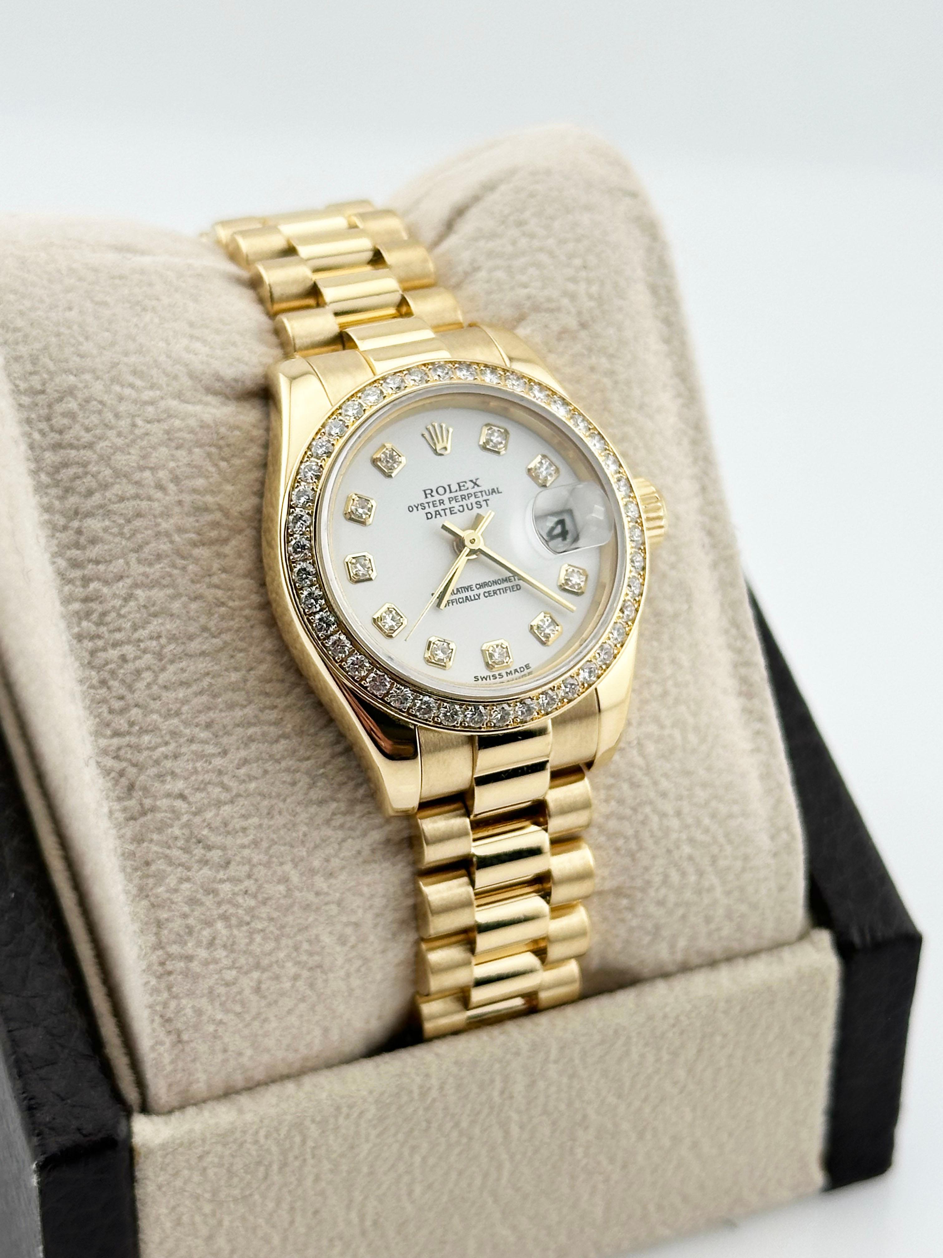Rolex Ladies President 179138 White Diamond Dial Bezel 18K Yellow Gold Box Paper For Sale 2