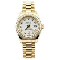 Rolex Señoras Presidente 179138 Blanco Diamond Dial Bisel 18K Amarillo Oro Caja Papel