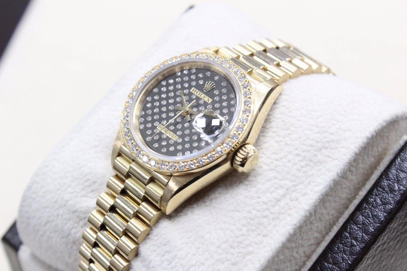 Rolex Ladies President 18 Karat Gold 69138 Factory Black Diamond Dial and Bezel In Excellent Condition In San Diego, CA
