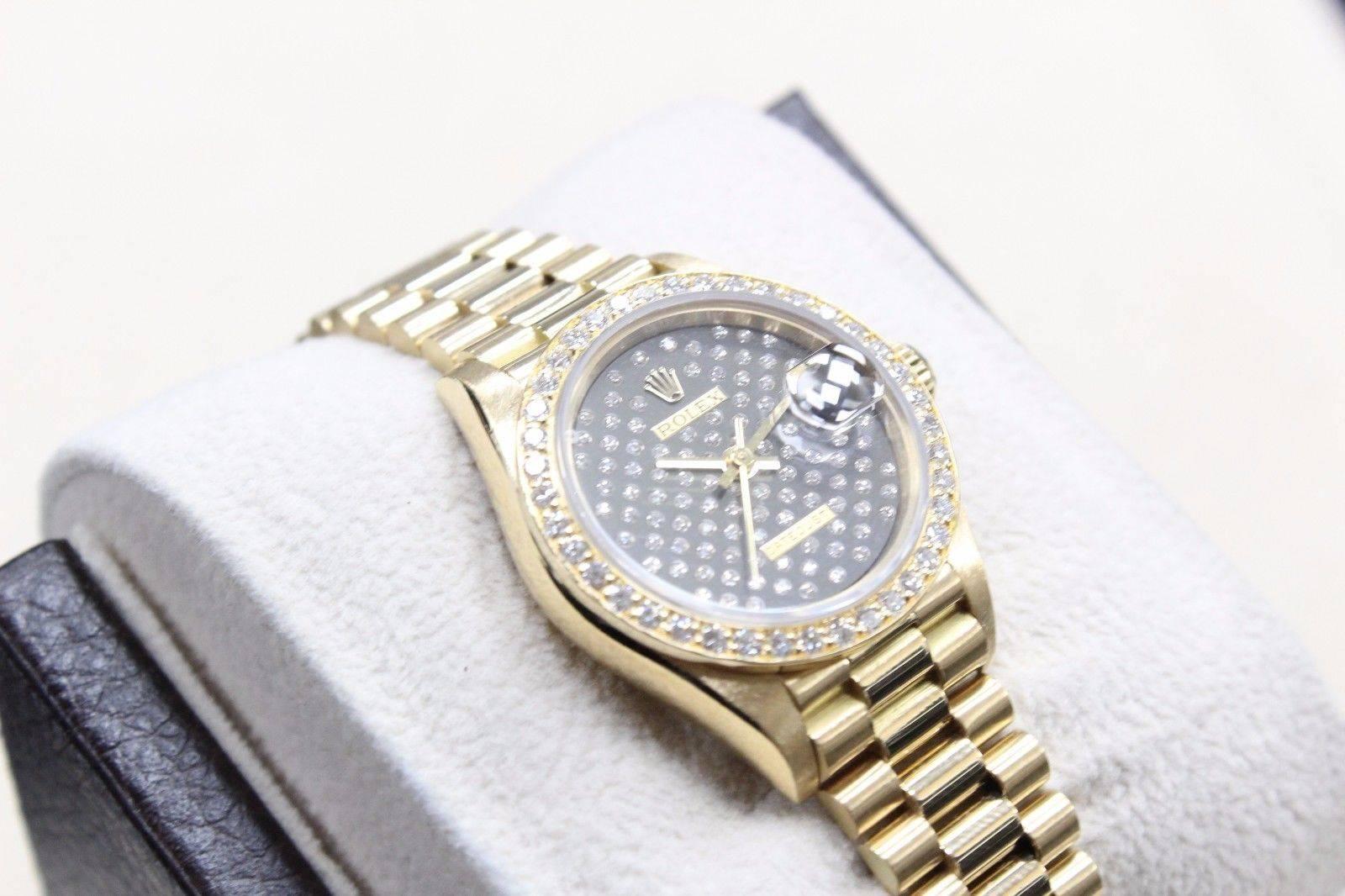 Women's Rolex Ladies President 18 Karat Gold 69138 Factory Black Diamond Dial and Bezel