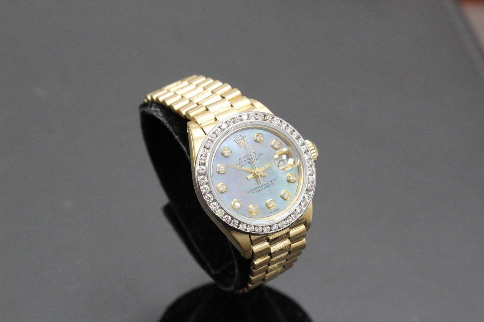 Round Cut Rolex Ladies President 18 Karat Gold 6917 Blue MOP Diamond Dial Diamond Bezel