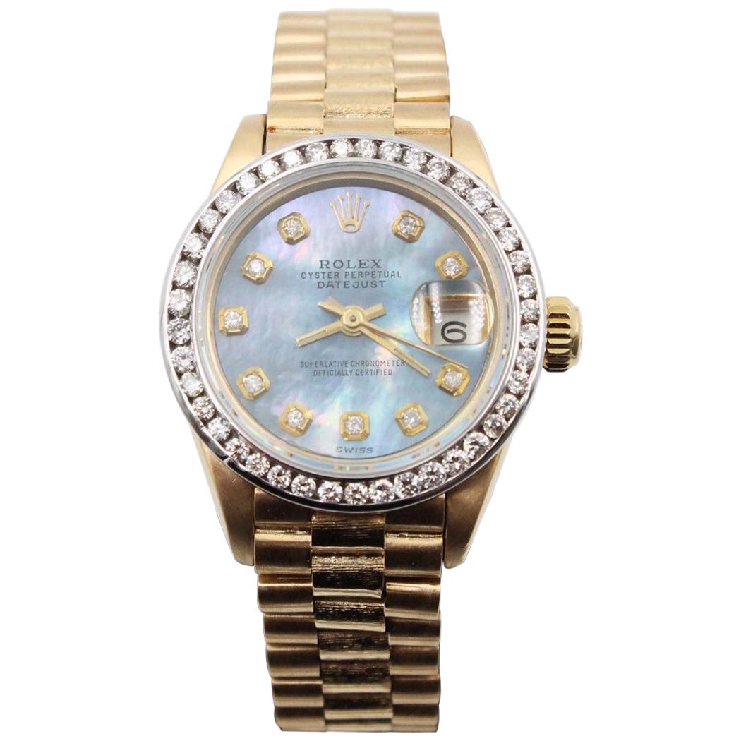 Rolex Ladies President 18 Karat Gold 6917 Blue MOP Diamond Dial Diamond Bezel